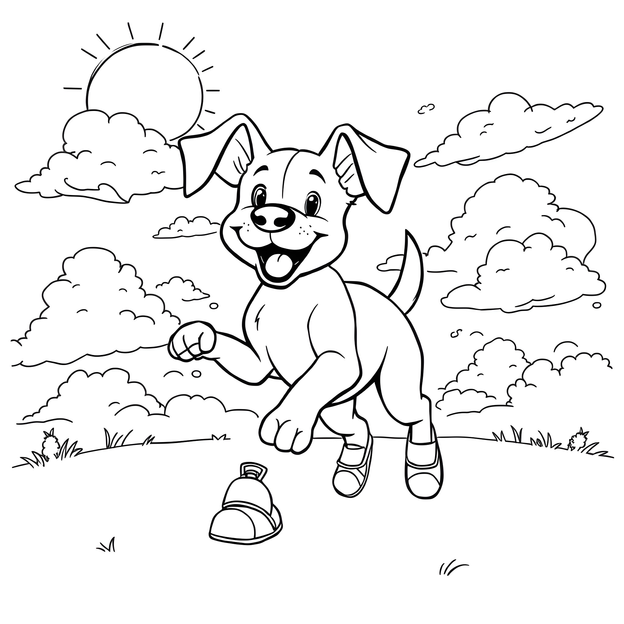 Dog happily playing in the sunny park Coloring Page (free black-and-white line drawing printable PDF for all, from beginners to advanced learners, including children, teens, adults, and seniors)