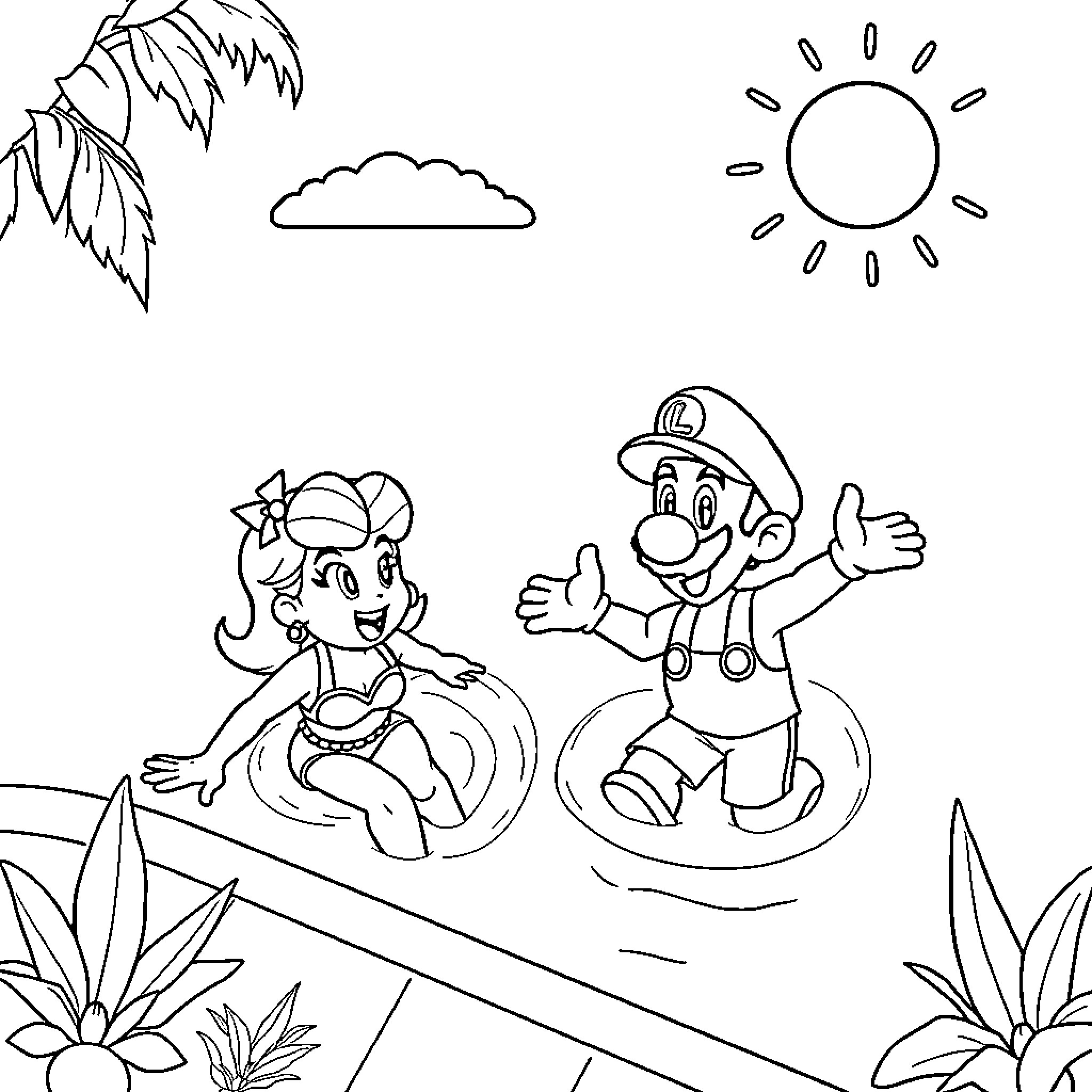 Marion's fun summer adventure with her friend Coloring Page (free black-and-white line drawing printable PDF for all, from beginners to advanced learners, including children, teens, adults, and seniors)