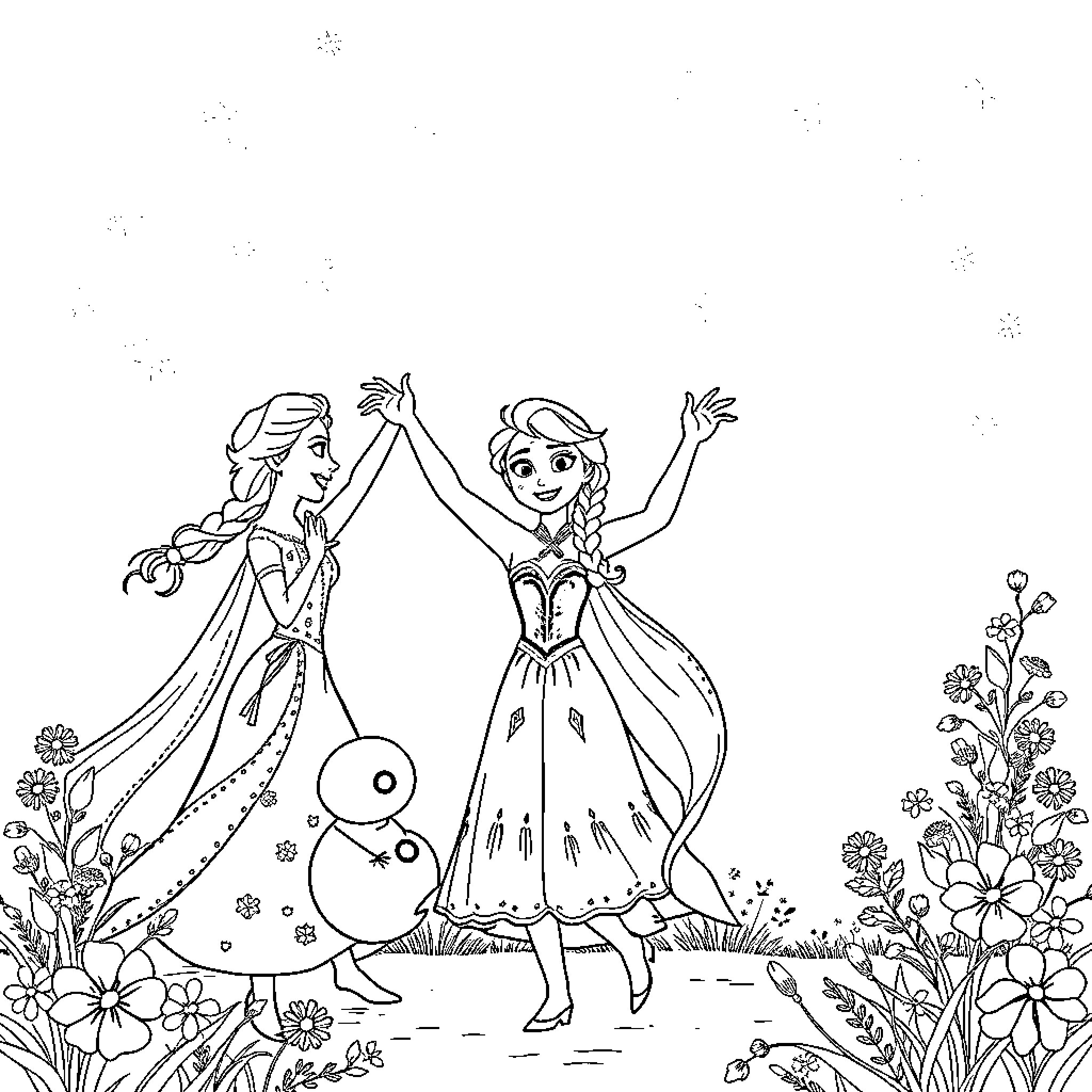 Elsa and Anna dancing joyfully in a floral garden Coloring Page (free black-and-white line drawing printable PDF for all, from beginners to advanced learners, including children, teens, adults, and seniors)