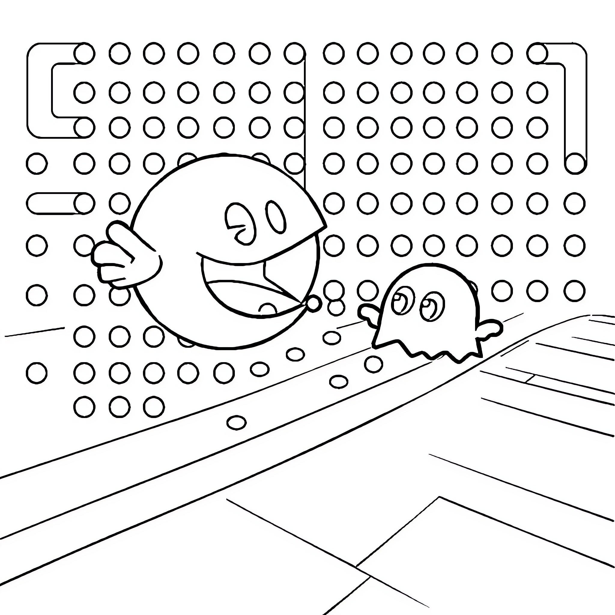 Pac-Man chasing ghosts in a maze Coloring Page (free black-and-white line drawing printable PDF for all, from beginners to advanced learners, including children, teens, adults, and seniors)