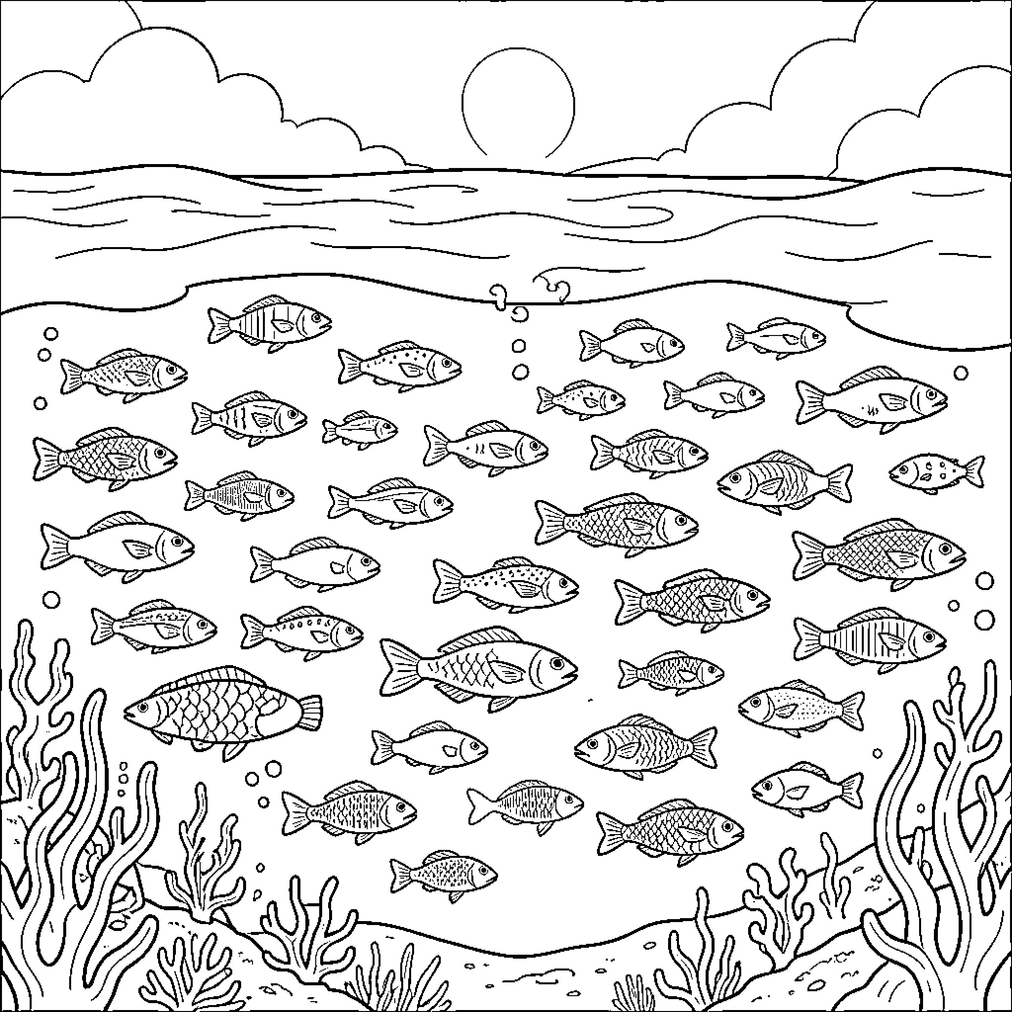 Ocean filled with many fish swimming through waves Coloring Page (free black-and-white line drawing printable PDF for all, from beginners to advanced learners, including children, teens, adults, and seniors)