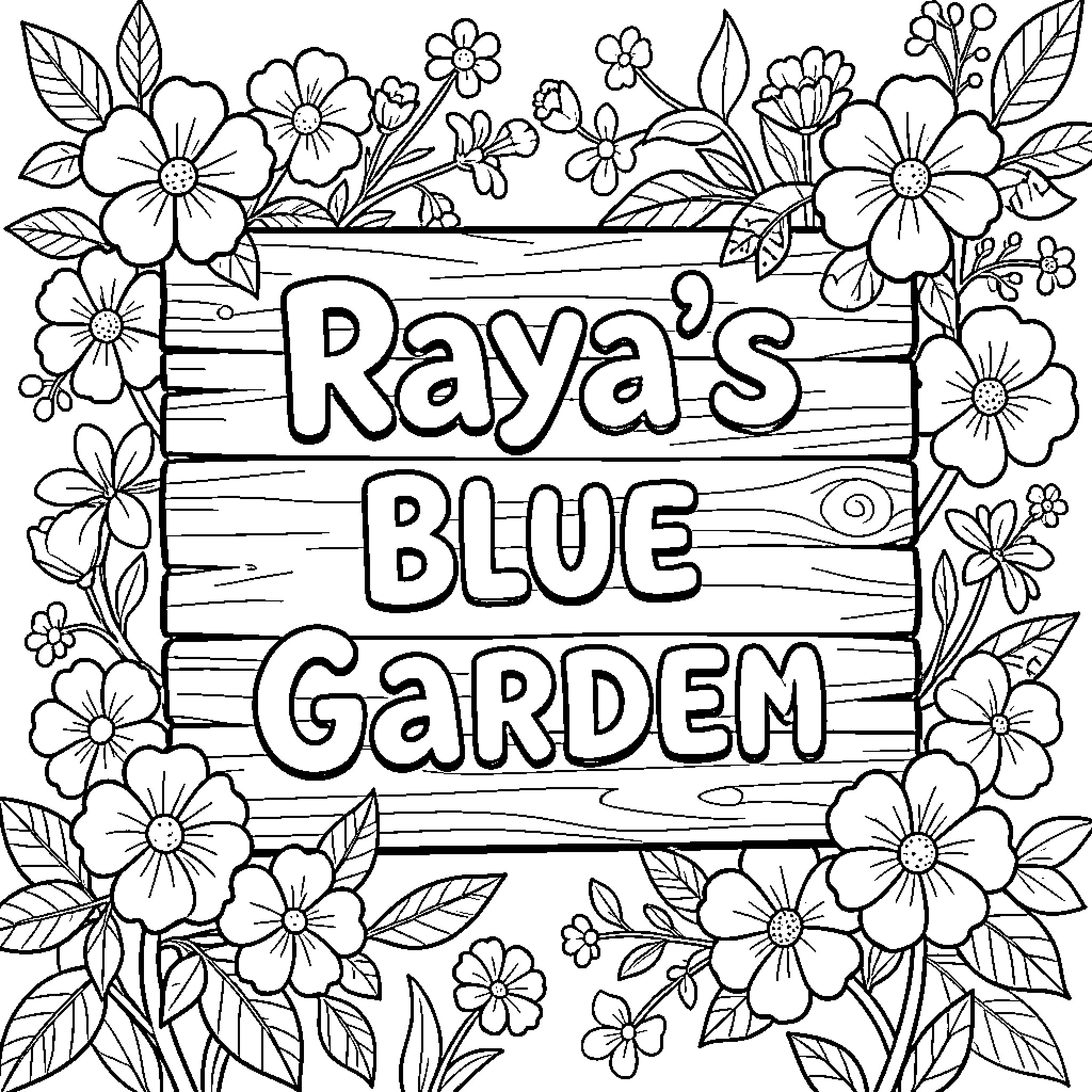 Garden with Floral Decorations and Wooden Sign Coloring Page (free black-and-white line drawing printable PDF for all, from beginners to advanced learners, including children, teens, adults, and seniors)