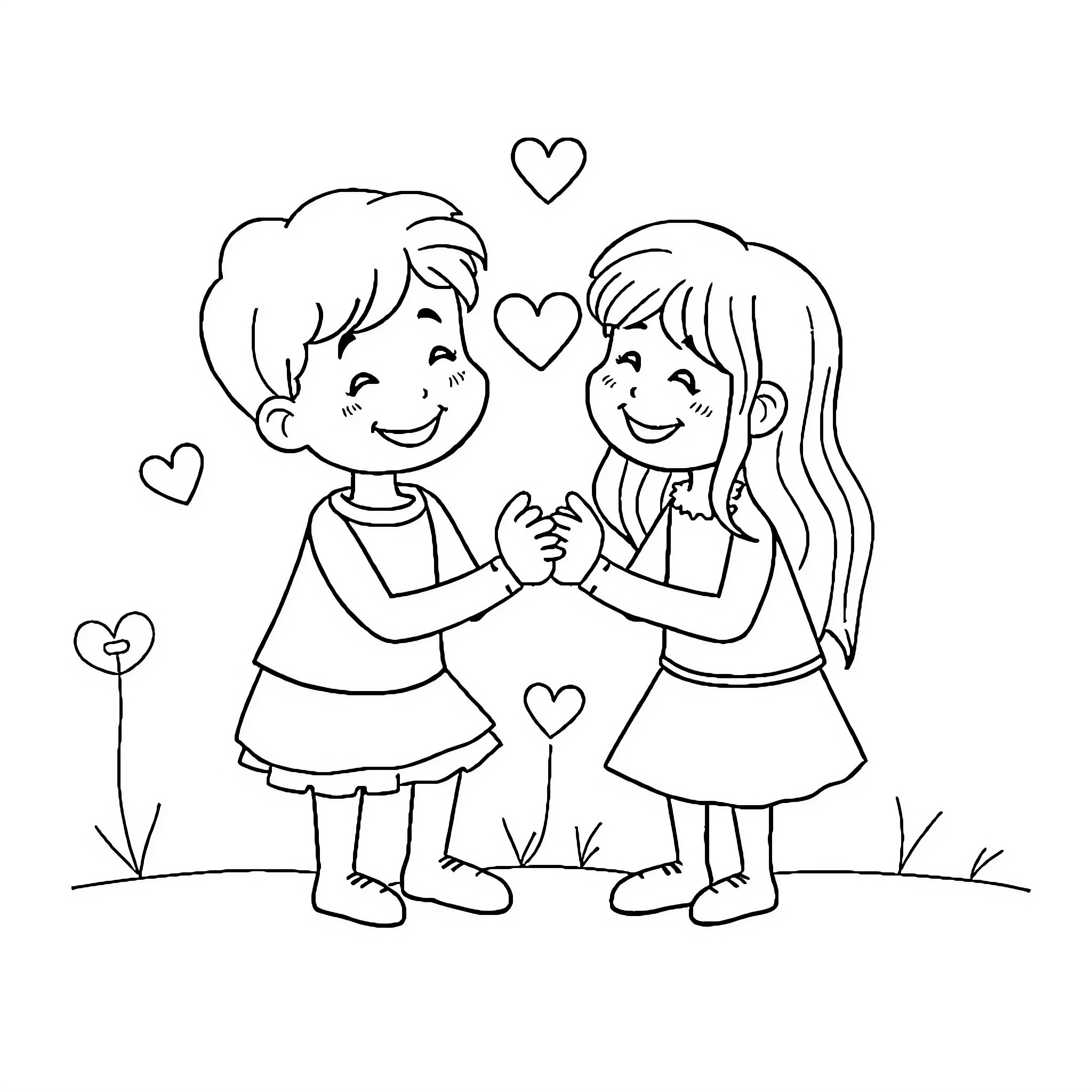 Kindness and Friendship between Two Smiling Children Coloring Page (free black-and-white line drawing printable PDF for all, from beginners to advanced learners, including children, teens, adults, and seniors)