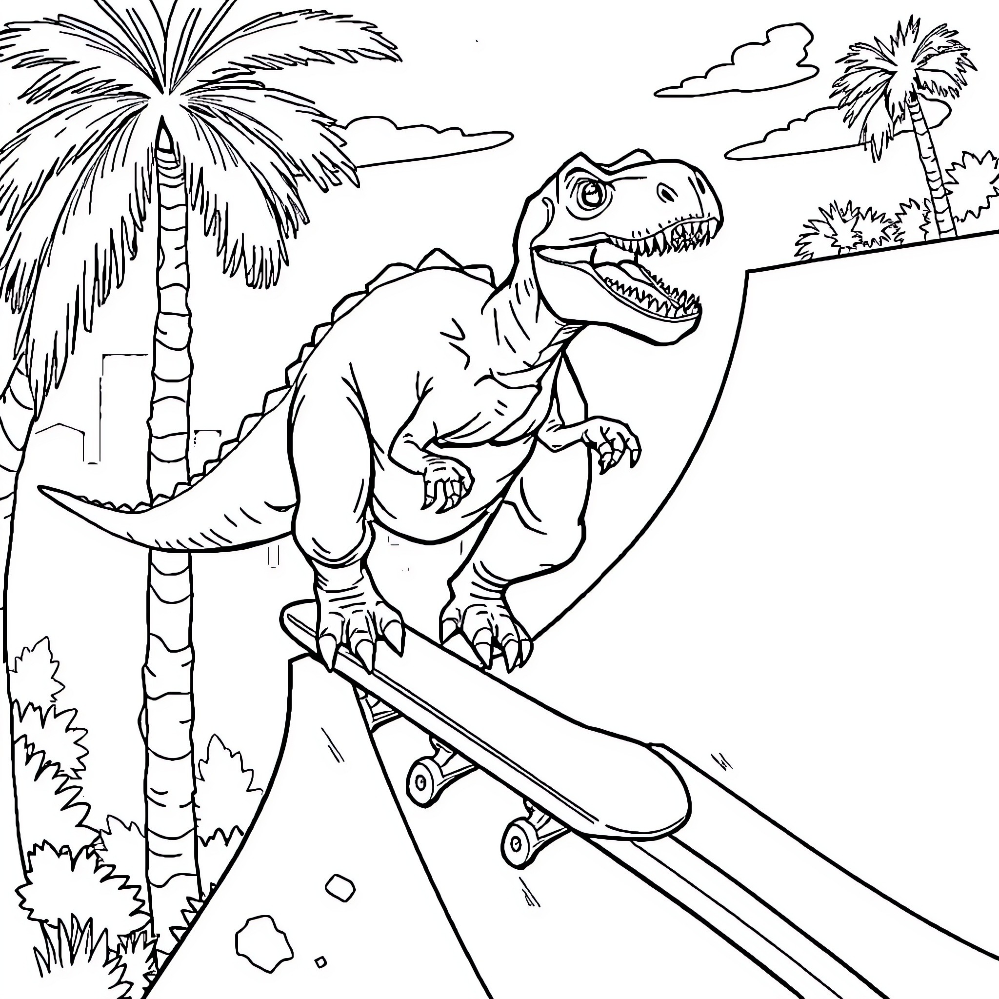 Dinosaur riding skateboard in tropical scene Coloring Page (free black-and-white line drawing printable PDF for all, from beginners to advanced learners, including children, teens, adults, and seniors)