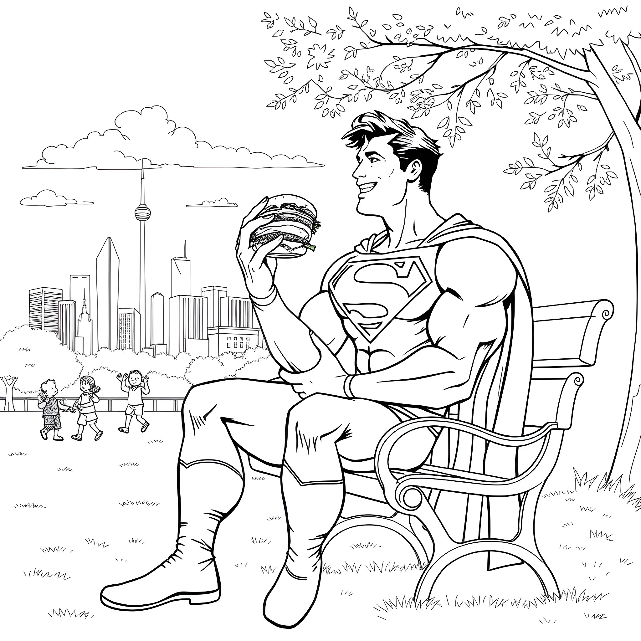 Superman relaxing and interacting with children in a park Coloring Page (free black-and-white line drawing printable PDF for all, from beginners to advanced learners, including children, teens, adults, and seniors)