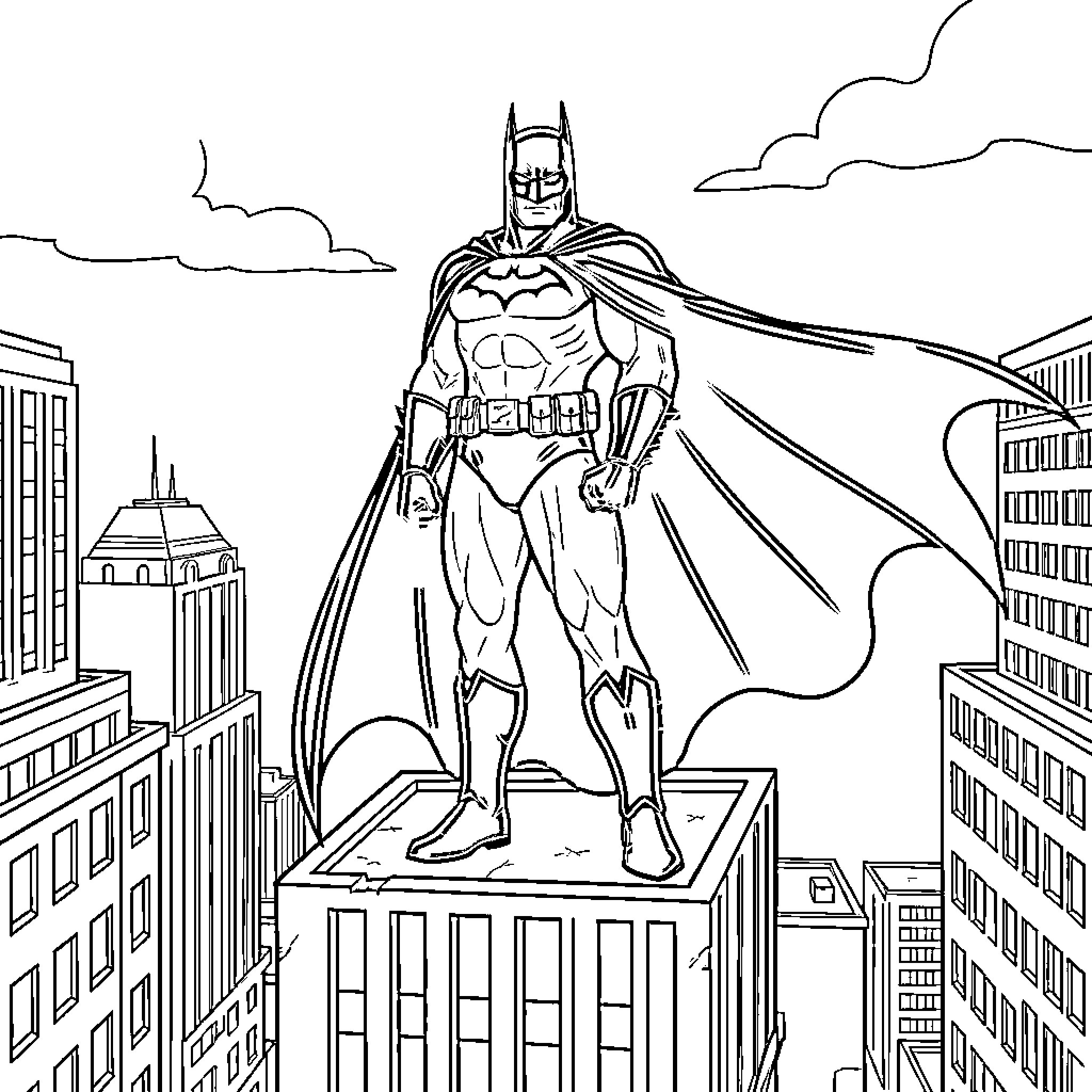 Batman standing tall on a skyscraper in the city Coloring Page (free black-and-white line drawing printable PDF for all, from beginners to advanced learners, including children, teens, adults, and seniors)