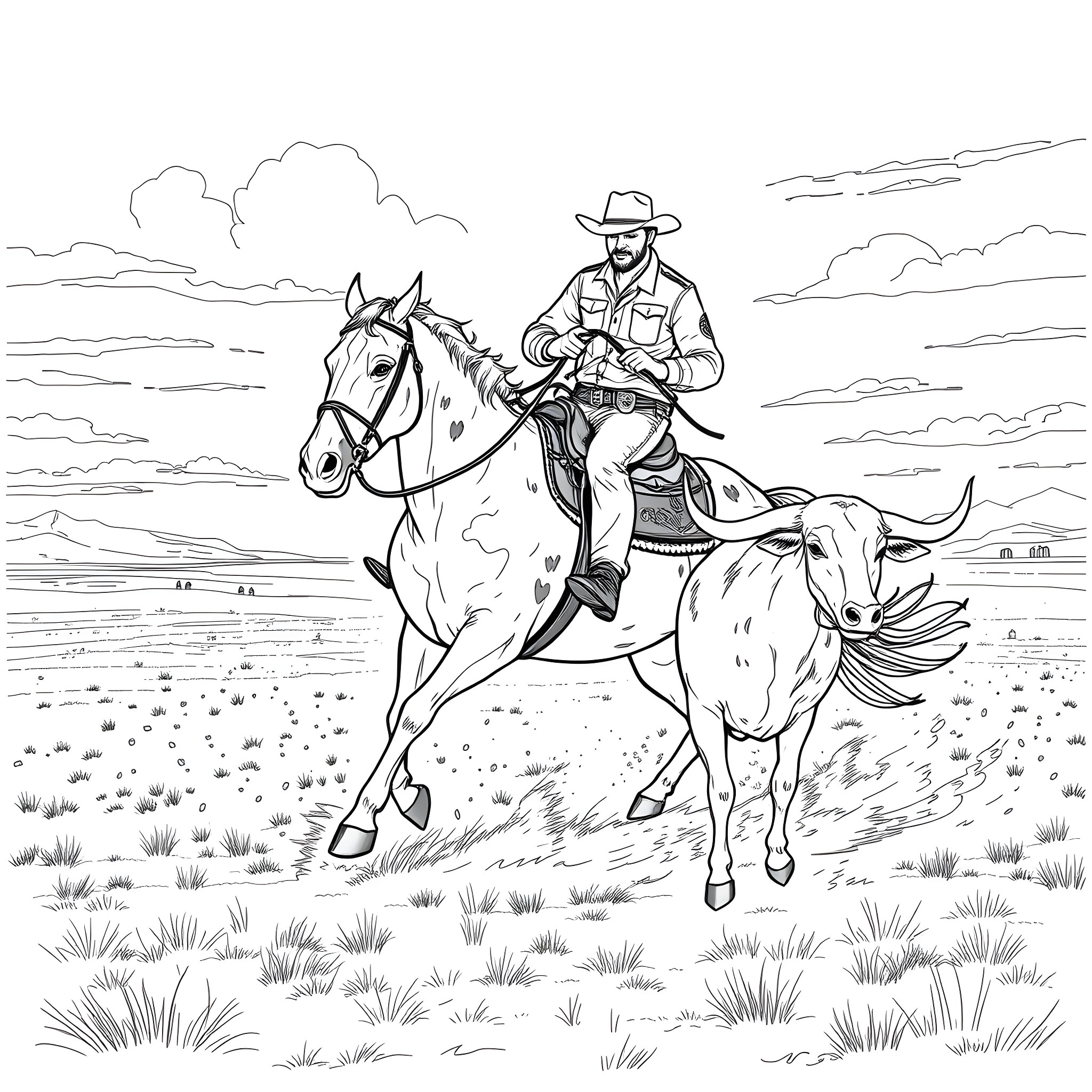 Cowboy riding a horse across the prairie Coloring Page (free black-and-white line drawing printable PDF for all, from beginners to advanced learners, including children, teens, adults, and seniors)