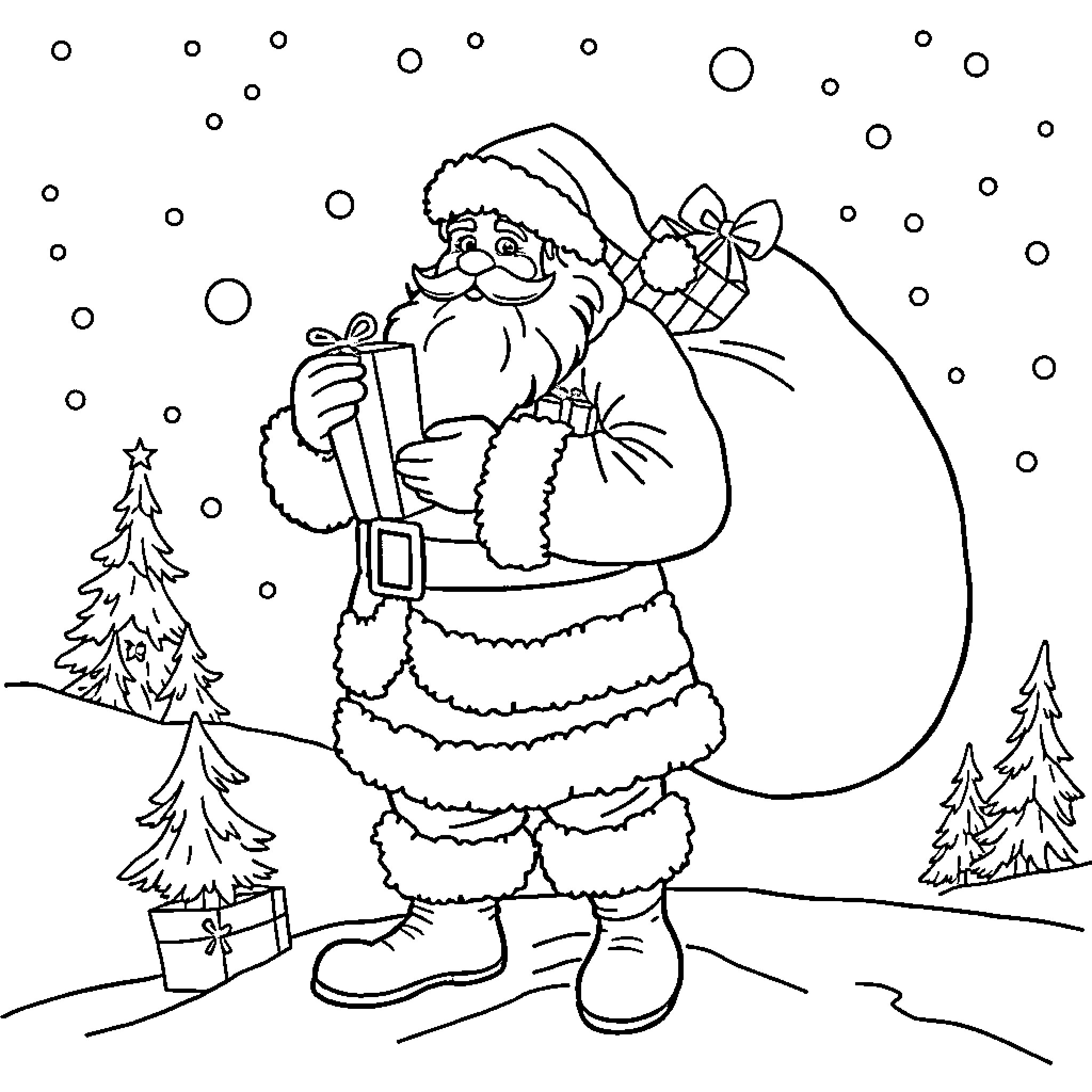 Santa delivering gifts in the snowy forest Coloring Page (free black-and-white line drawing printable PDF for all, from beginners to advanced learners, including children, teens, adults, and seniors)