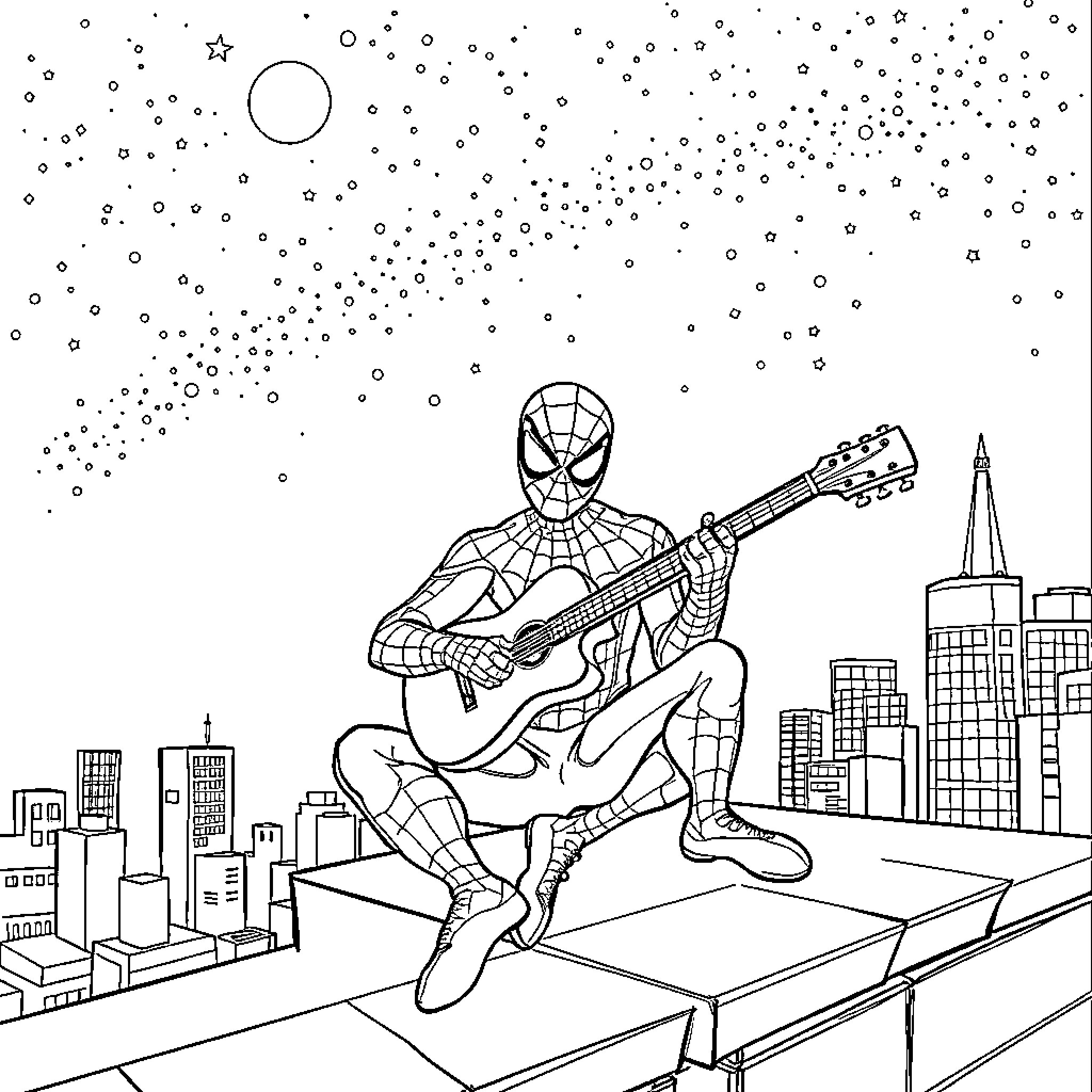 Spiderman playing guitar in the city at night Coloring Page (free black-and-white line drawing printable PDF for all, from beginners to advanced learners, including children, teens, adults, and seniors)