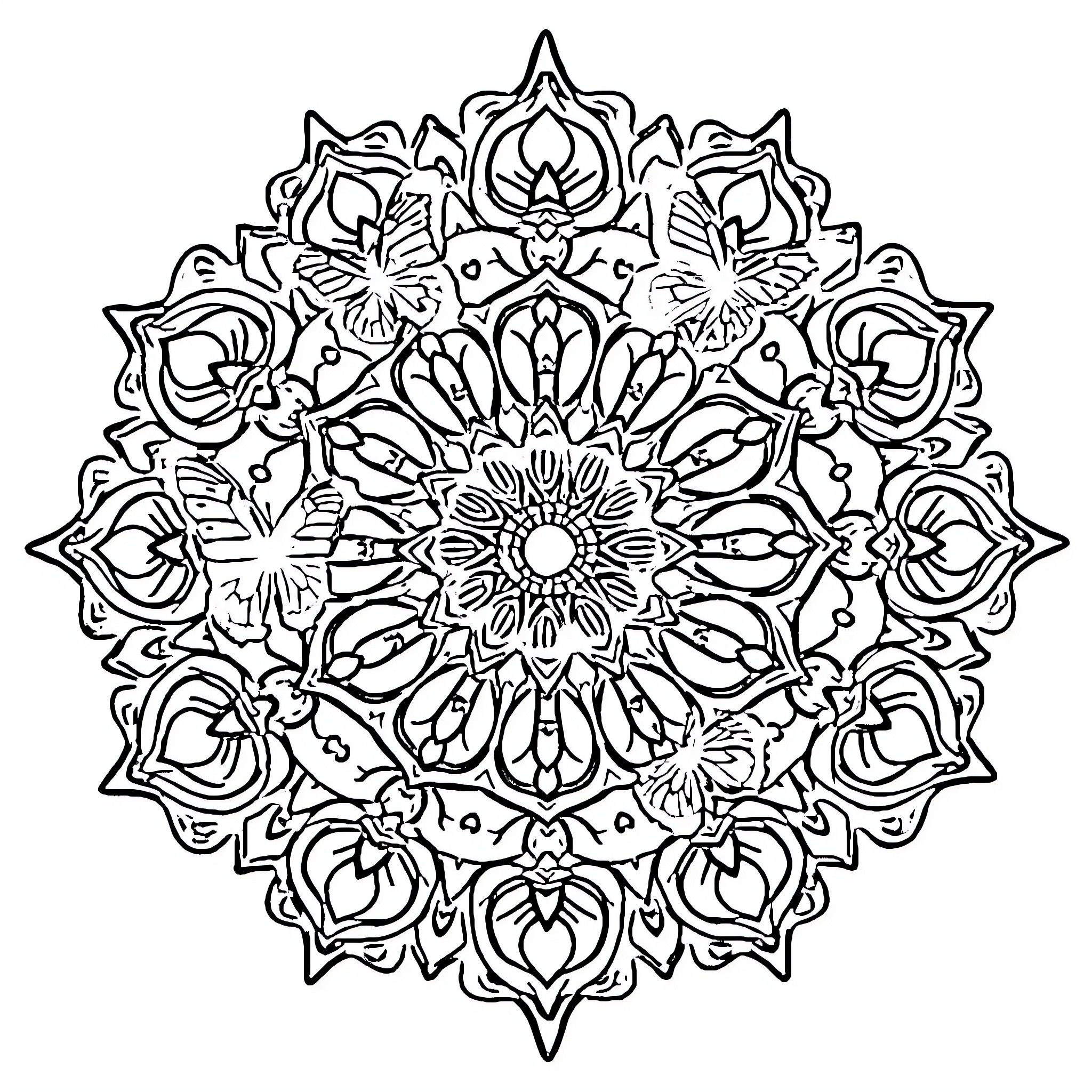 Mandala of intricate floral patterns Coloring Page (free black-and-white line drawing printable PDF for all, from beginners to advanced learners, including children, teens, adults, and seniors)