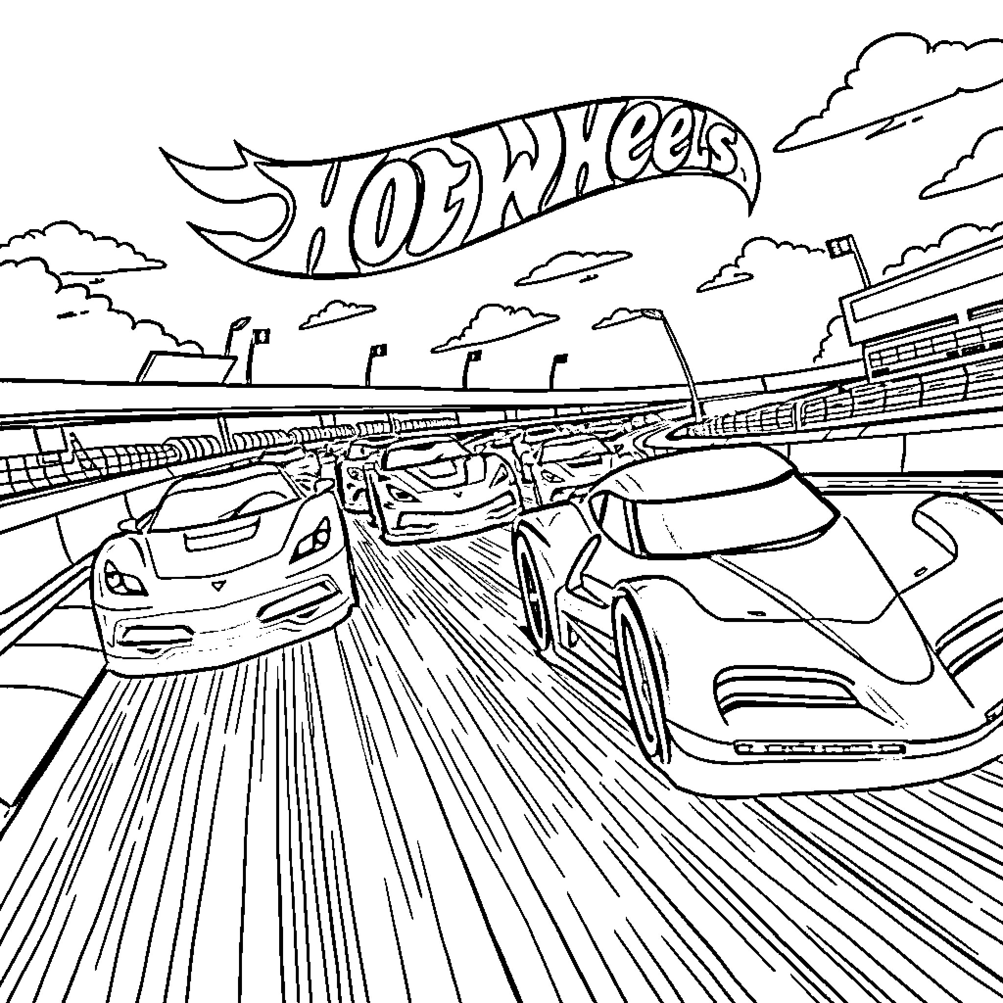 Hot Wheels Speeding Racing Down the Track Coloring Page (free black-and-white line drawing printable PDF for all, from beginners to advanced learners, including children, teens, adults, and seniors)