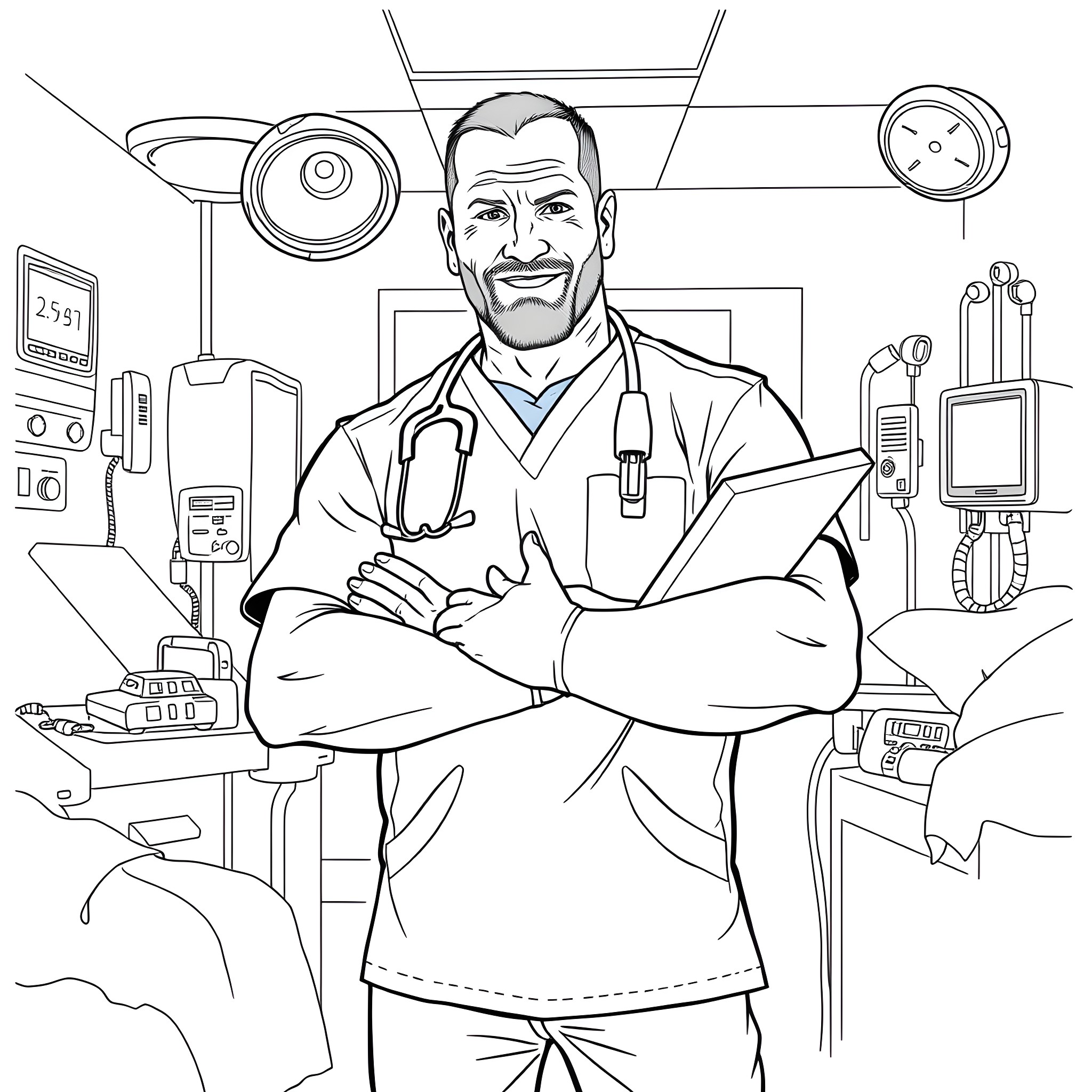 Steve Austin: Medical Professional in Action Coloring Page (free black-and-white line drawing printable PDF for all, from beginners to advanced learners, including children, teens, adults, and seniors)