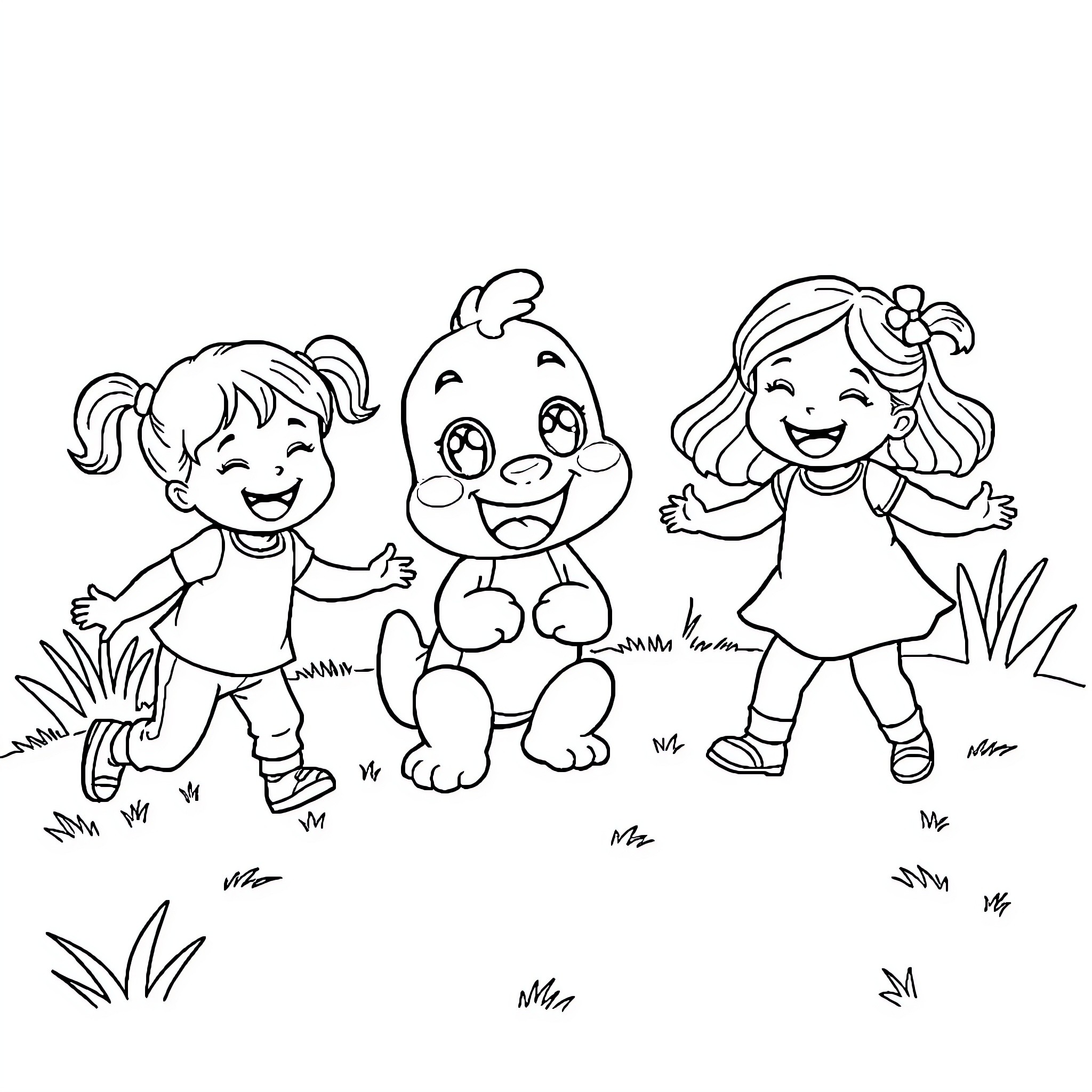 Bluey and friends play joyfully in the park Coloring Page (free black-and-white line drawing printable PDF for all, from beginners to advanced learners, including children, teens, adults, and seniors)