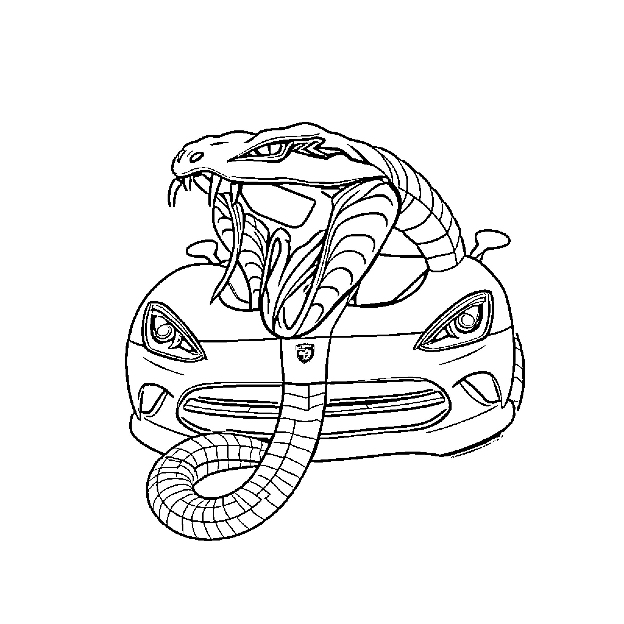 Dodge Viper coiled snake supercar illustration Coloring Page (free black-and-white line drawing printable PDF for all, from beginners to advanced learners, including children, teens, adults, and seniors)