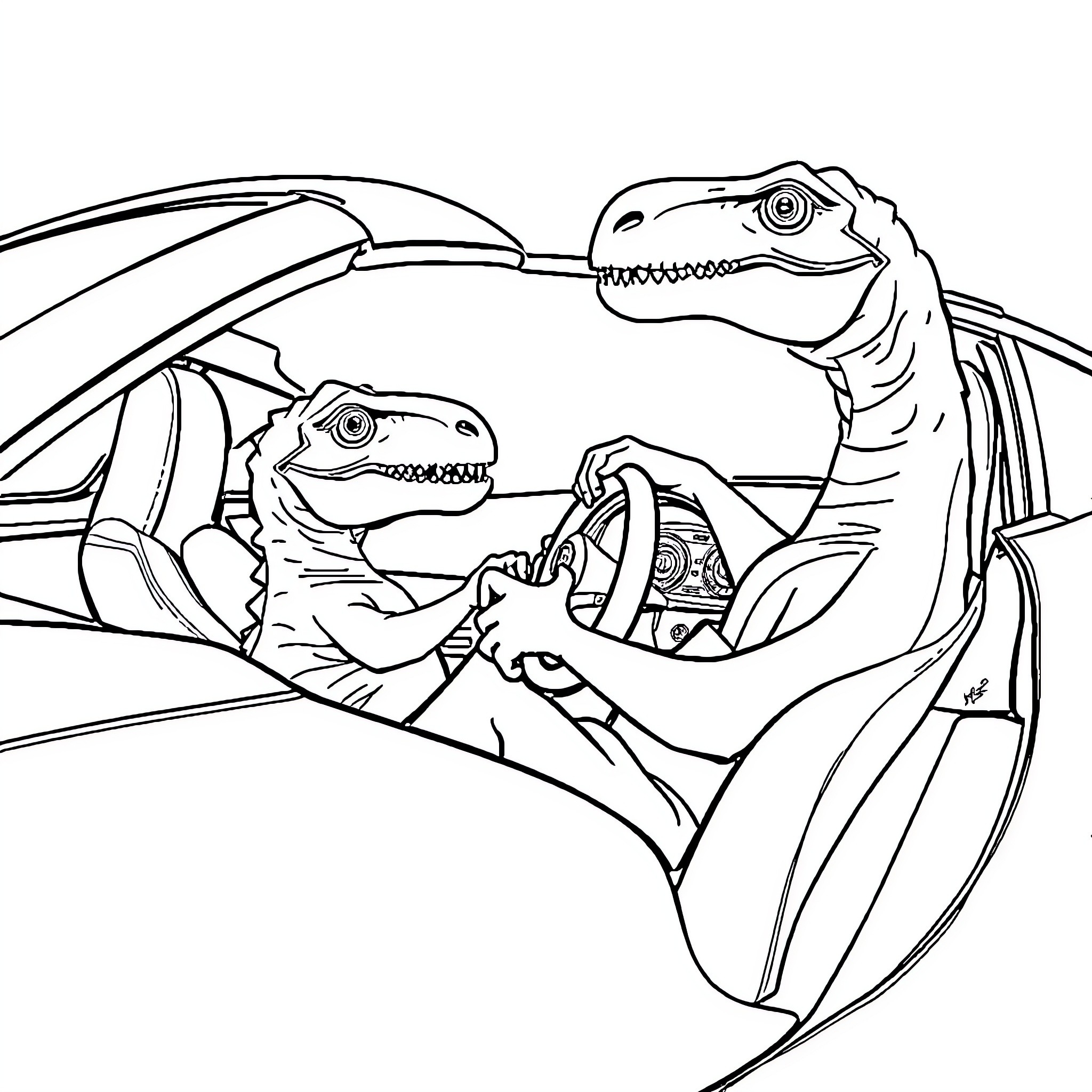 Dinosaur Siblings Driving Adventure Coloring Page (free black-and-white line drawing printable PDF for all, from beginners to advanced learners, including children, teens, adults, and seniors)