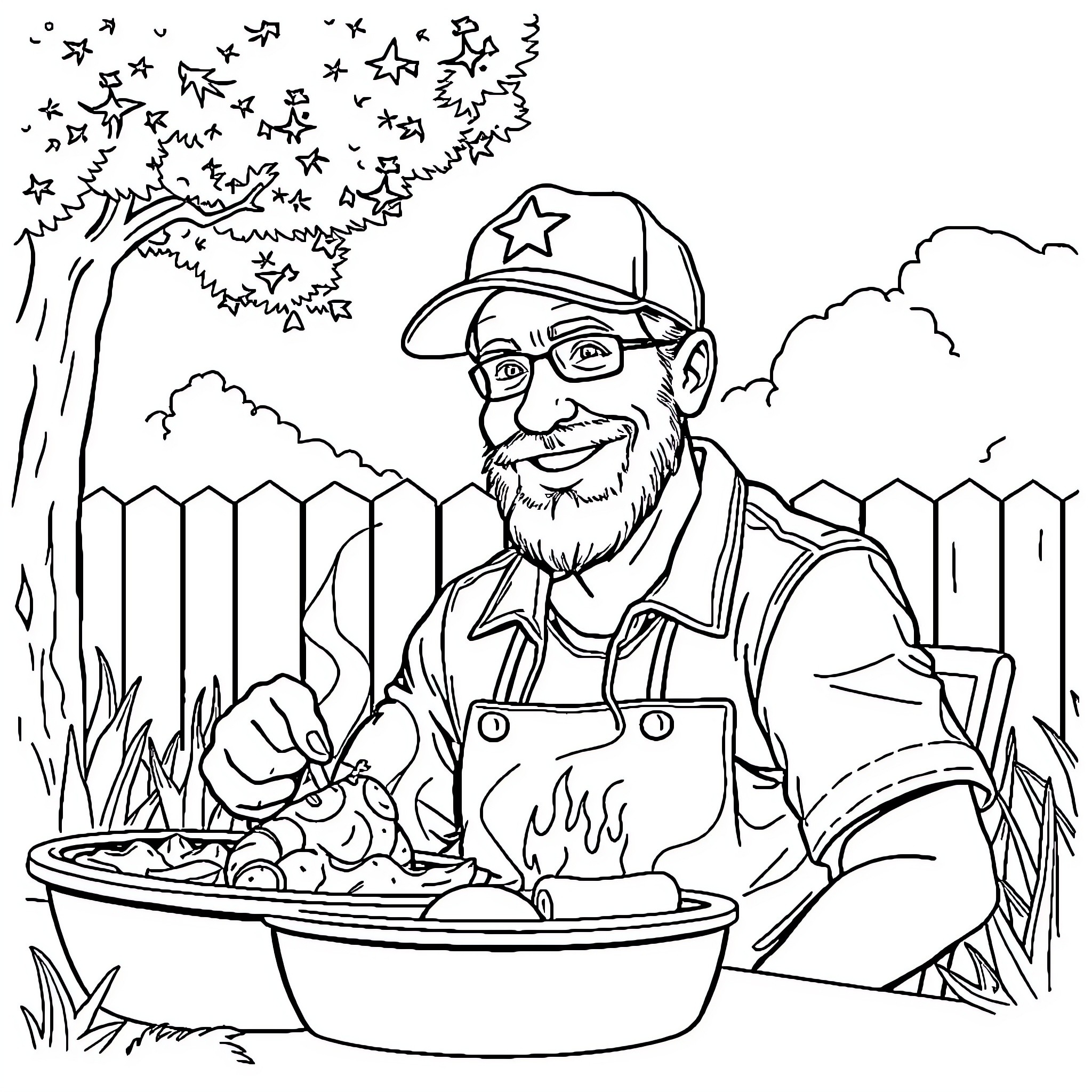 American Man Cooking Outdoors in Nature Coloring Page (free black-and-white line drawing printable PDF for all, from beginners to advanced learners, including children, teens, adults, and seniors)