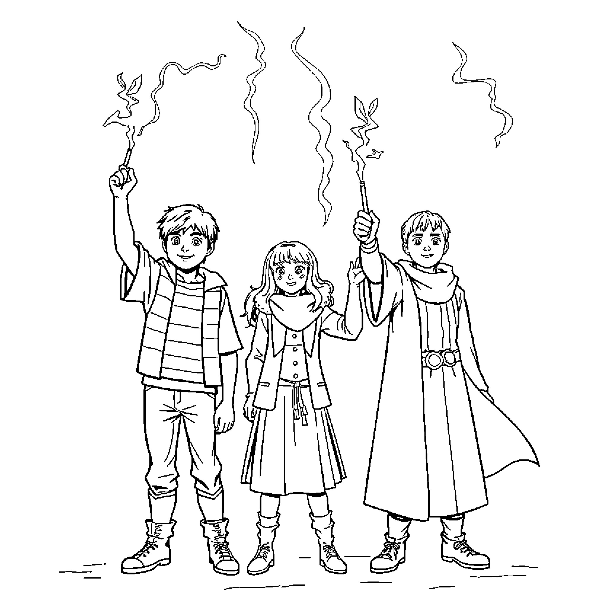 Ron and his friends explore the magical realm Coloring Page (free black-and-white line drawing printable PDF for all, from beginners to advanced learners, including children, teens, adults, and seniors)