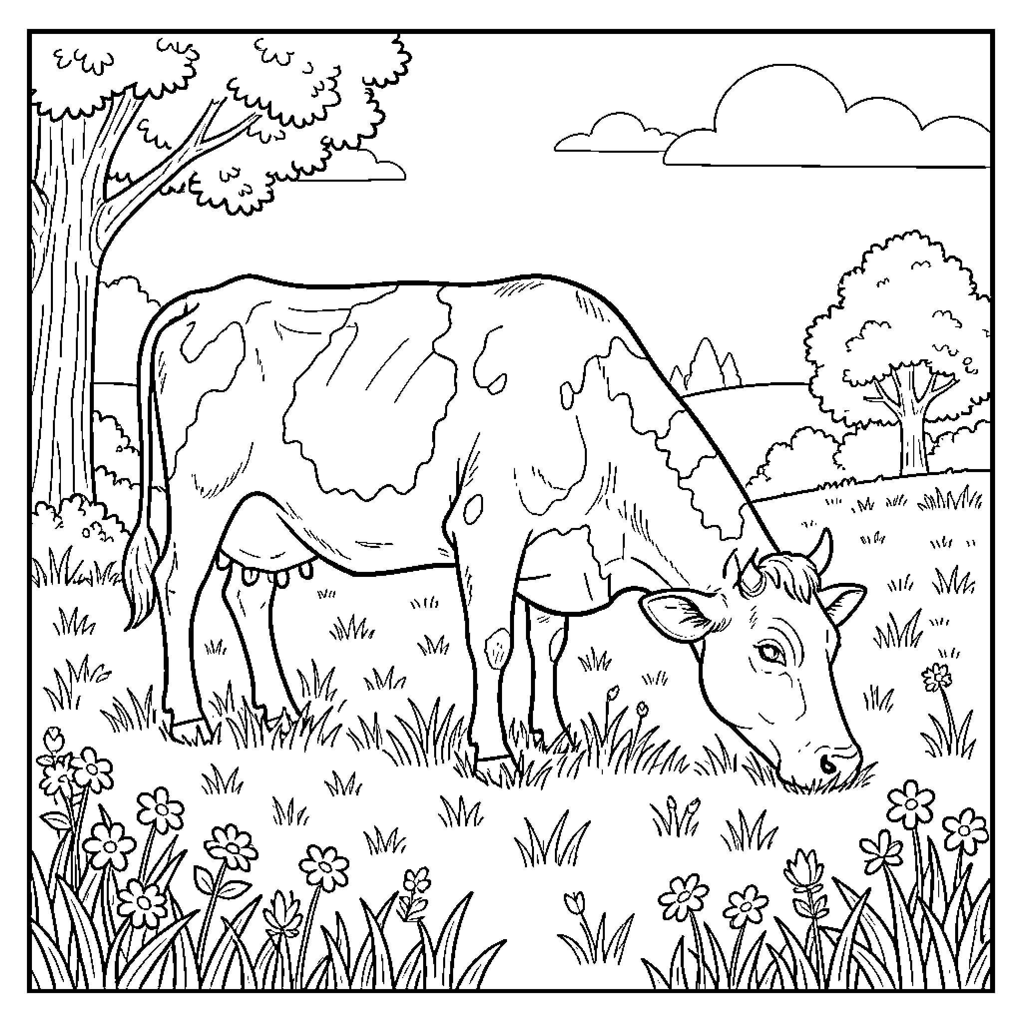 Cow grazing peacefully in a scenic countryside Coloring Page (free black-and-white line drawing printable PDF for all, from beginners to advanced learners, including children, teens, adults, and seniors)