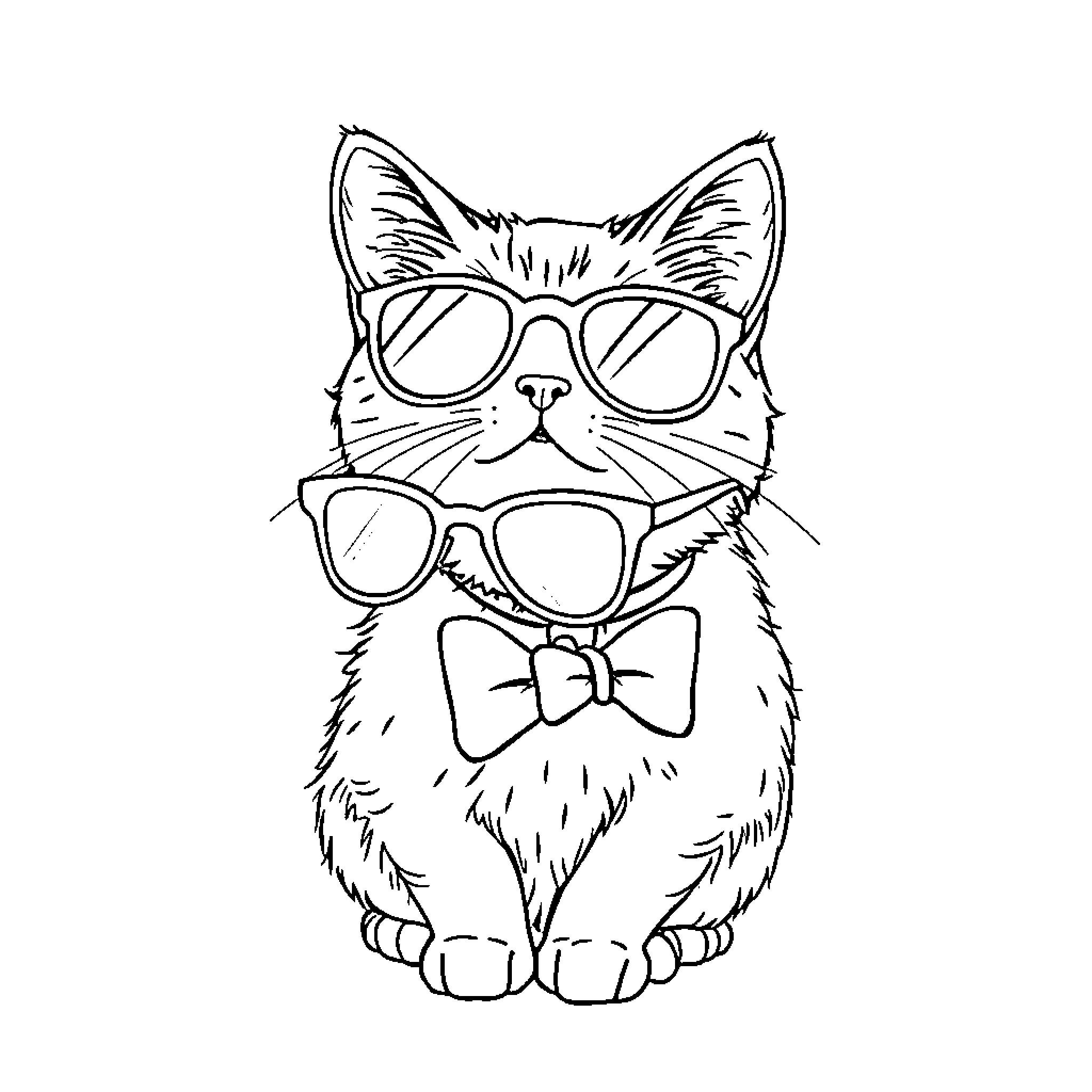 Cat wearing stylish glasses and bowtie Coloring Page (free black-and-white line drawing printable PDF for all, from beginners to advanced learners, including children, teens, adults, and seniors)