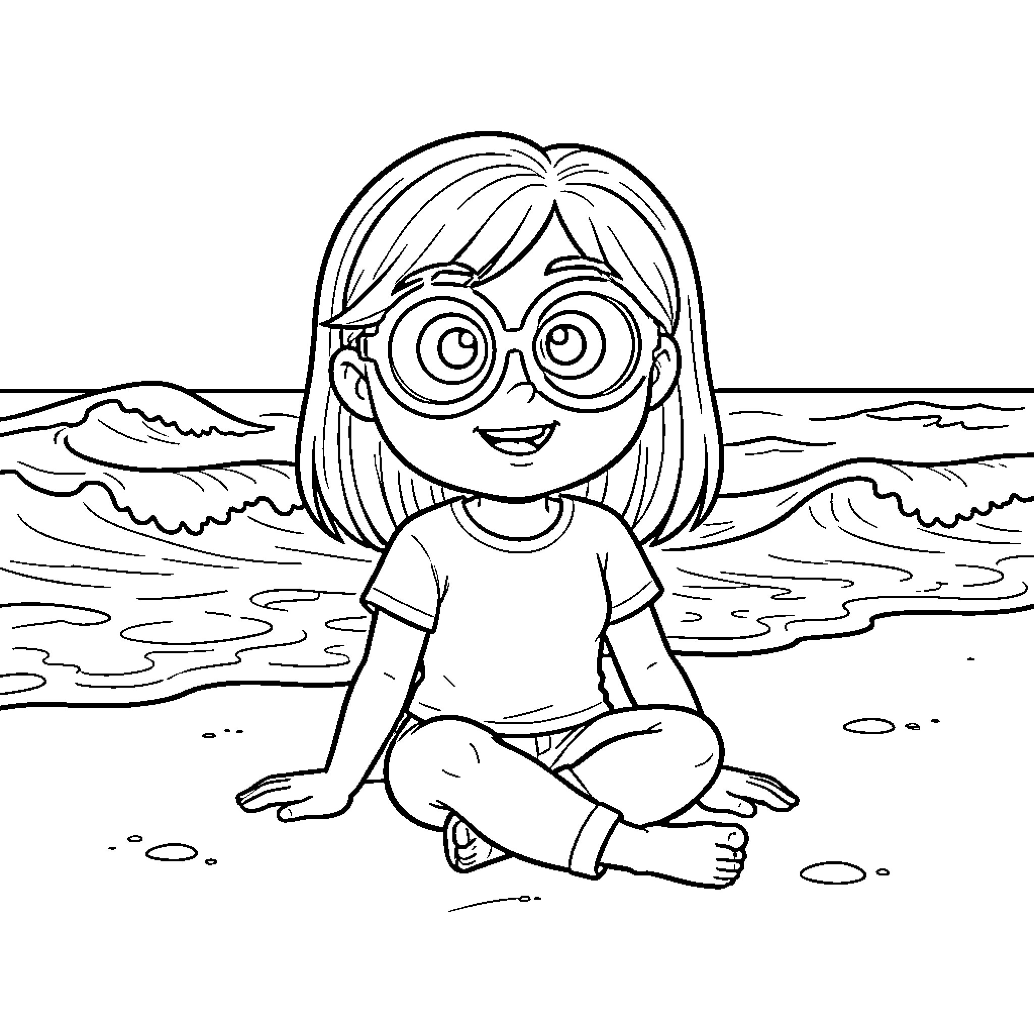 Margo sitting happily on the beach by the ocean waves Coloring Page (free black-and-white line drawing printable PDF for all, from beginners to advanced learners, including children, teens, adults, and seniors)
