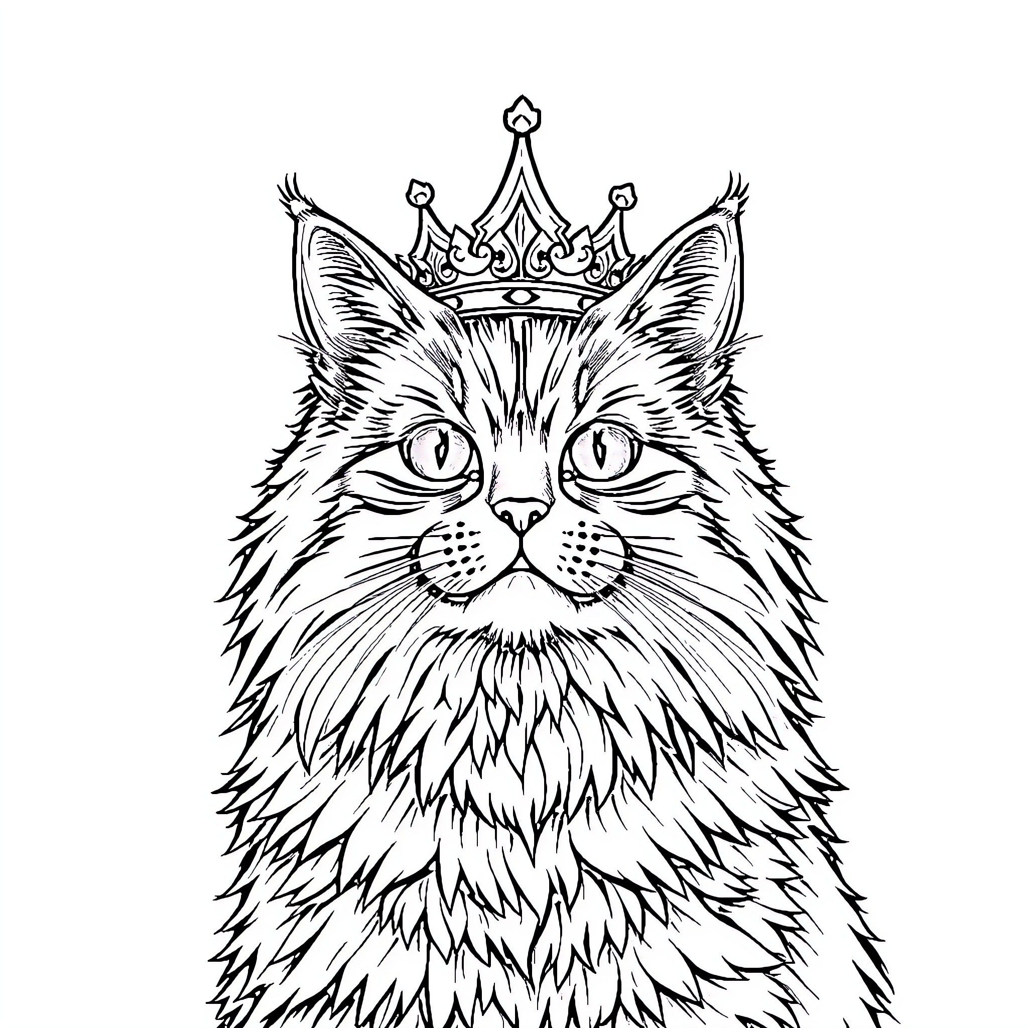 Maine Coon Cat wearing a regal crown Coloring Page (free black-and-white line drawing printable PDF for all, from beginners to advanced learners, including children, teens, adults, and seniors)