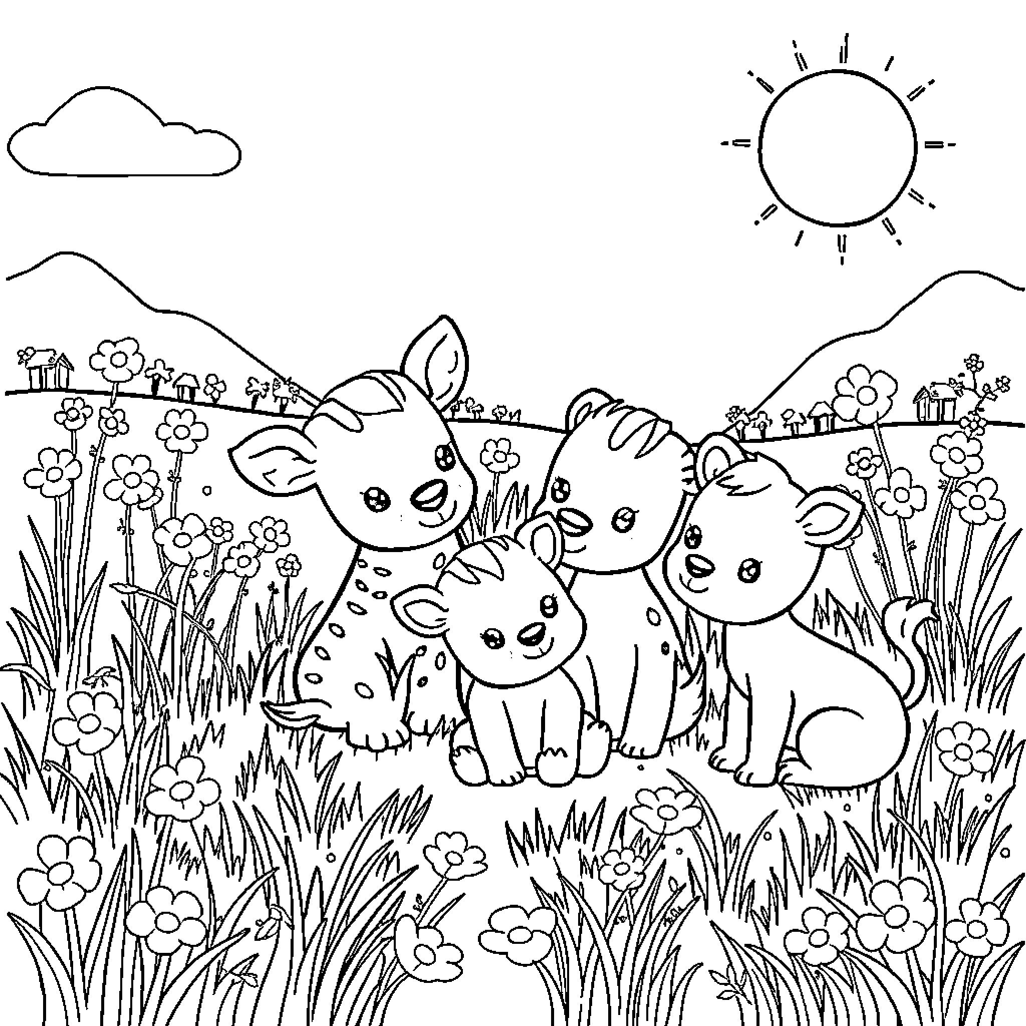 Baby Animals Playing Happily in the Meadow Coloring Page (free black-and-white line drawing printable PDF for all, from beginners to advanced learners, including children, teens, adults, and seniors)