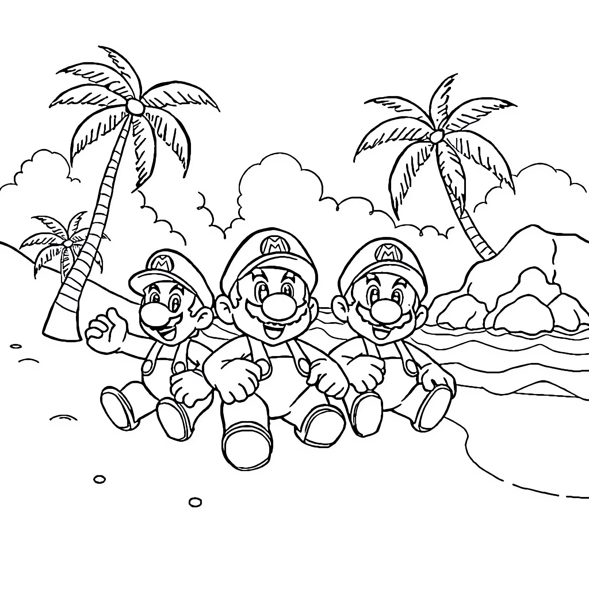 Mario and Friends Enjoying a Tropical Adventure Coloring Page (free black-and-white line drawing printable PDF for all, from beginners to advanced learners, including children, teens, adults, and seniors)