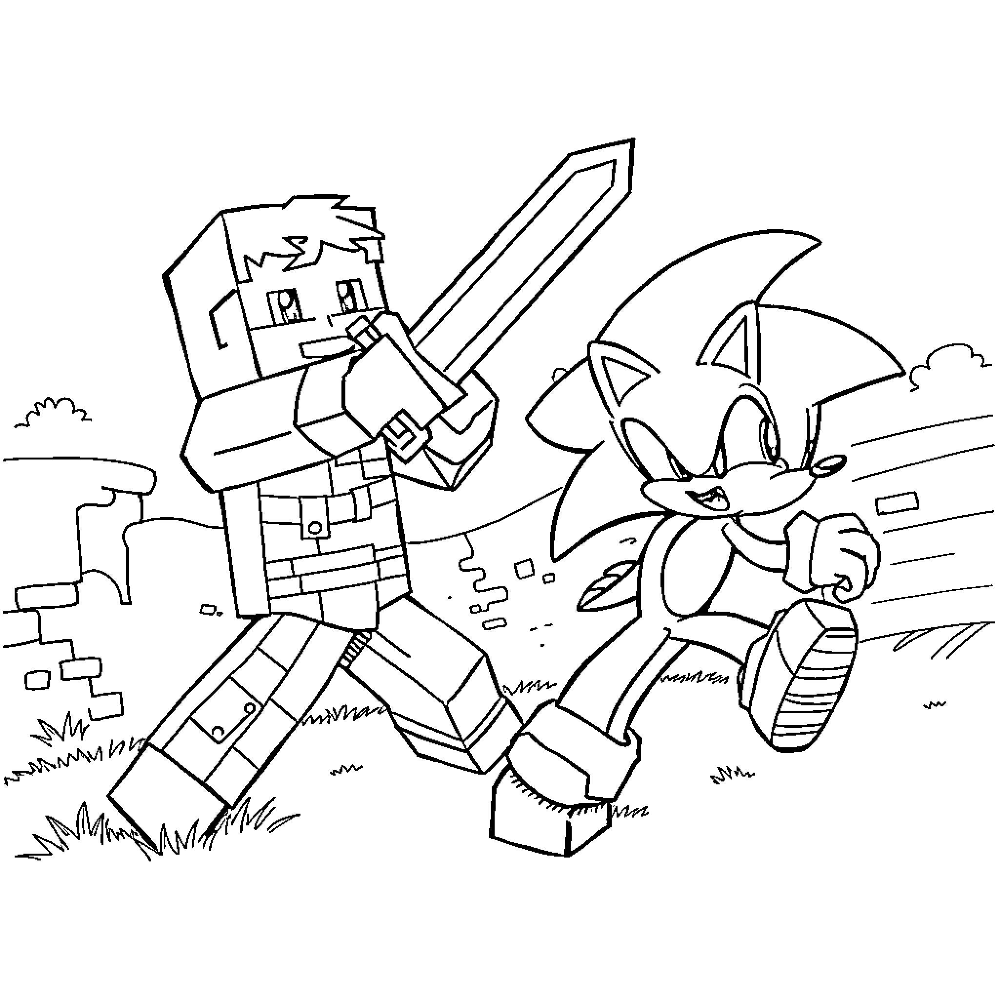 Steve takes on the blocky monster with Sonic's help Coloring Page (free black-and-white line drawing printable PDF for all, from beginners to advanced learners, including children, teens, adults, and seniors)