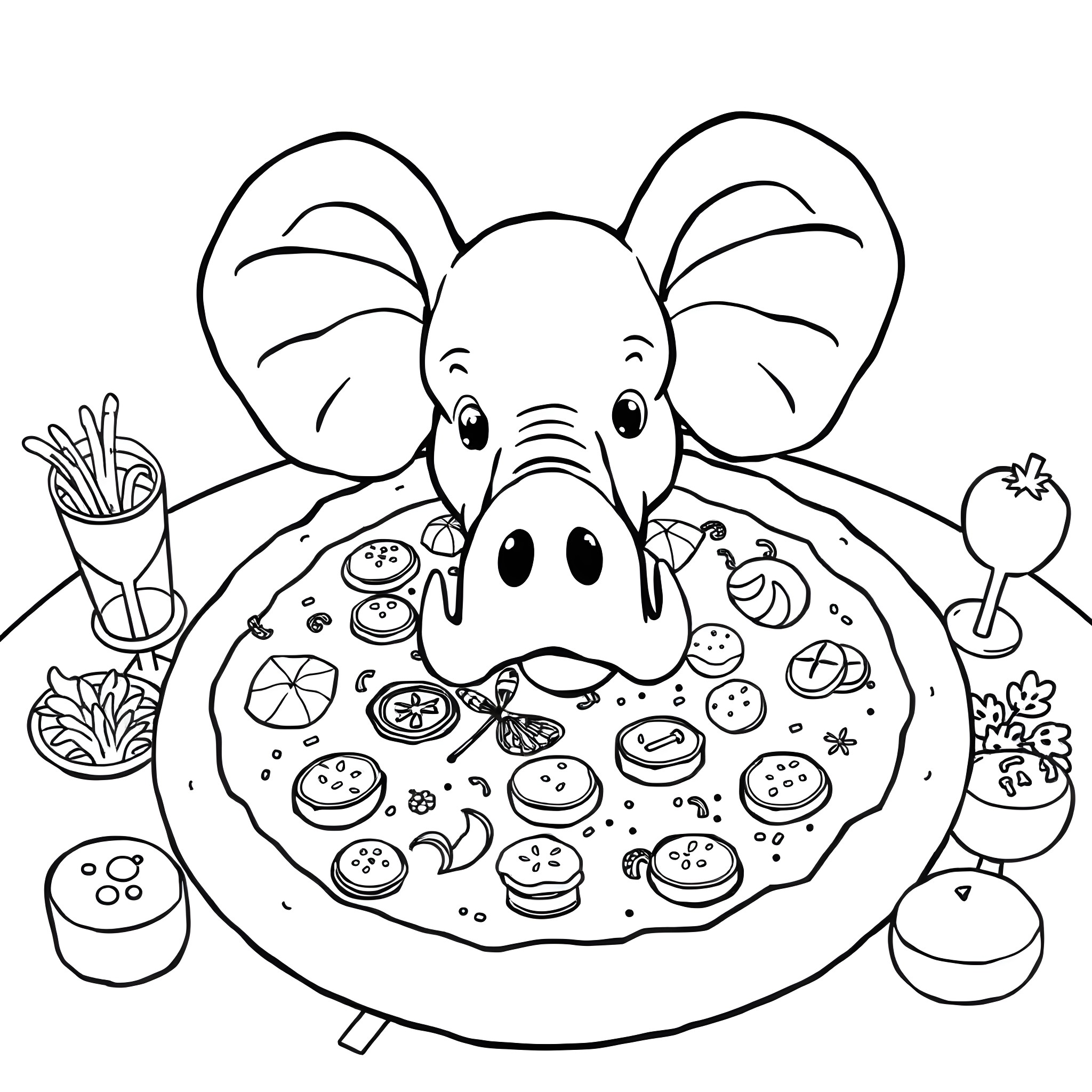 Pizza Party with Playful Elephant Coloring Page (free black-and-white line drawing printable PDF for all, from beginners to advanced learners, including children, teens, adults, and seniors)