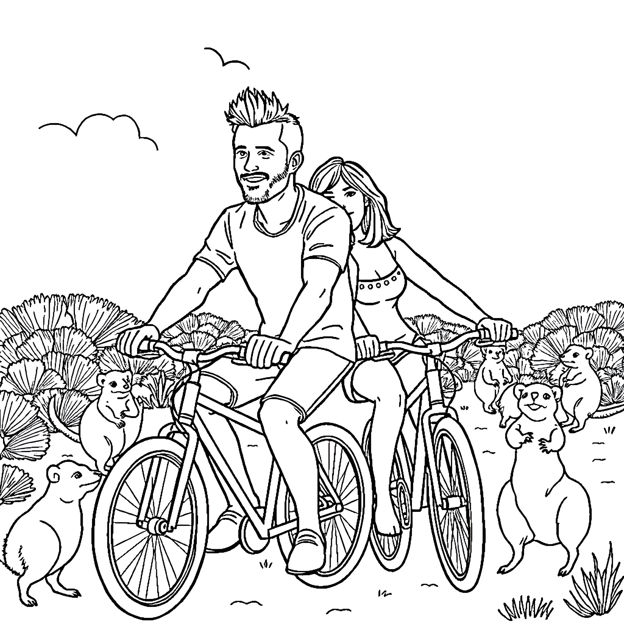 Bike ride with companions through nature Coloring Page (free black-and-white line drawing printable PDF for all, from beginners to advanced learners, including children, teens, adults, and seniors)