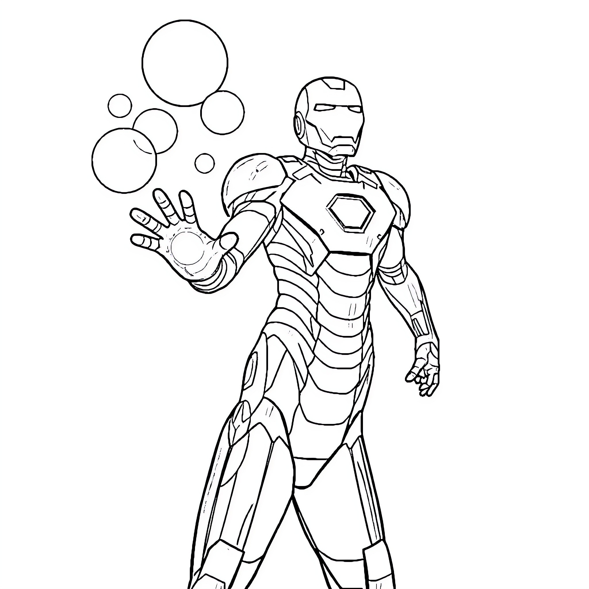 Iron Man firing energy beams from his hands Coloring Page (free black-and-white line drawing printable PDF for all, from beginners to advanced learners, including children, teens, adults, and seniors)