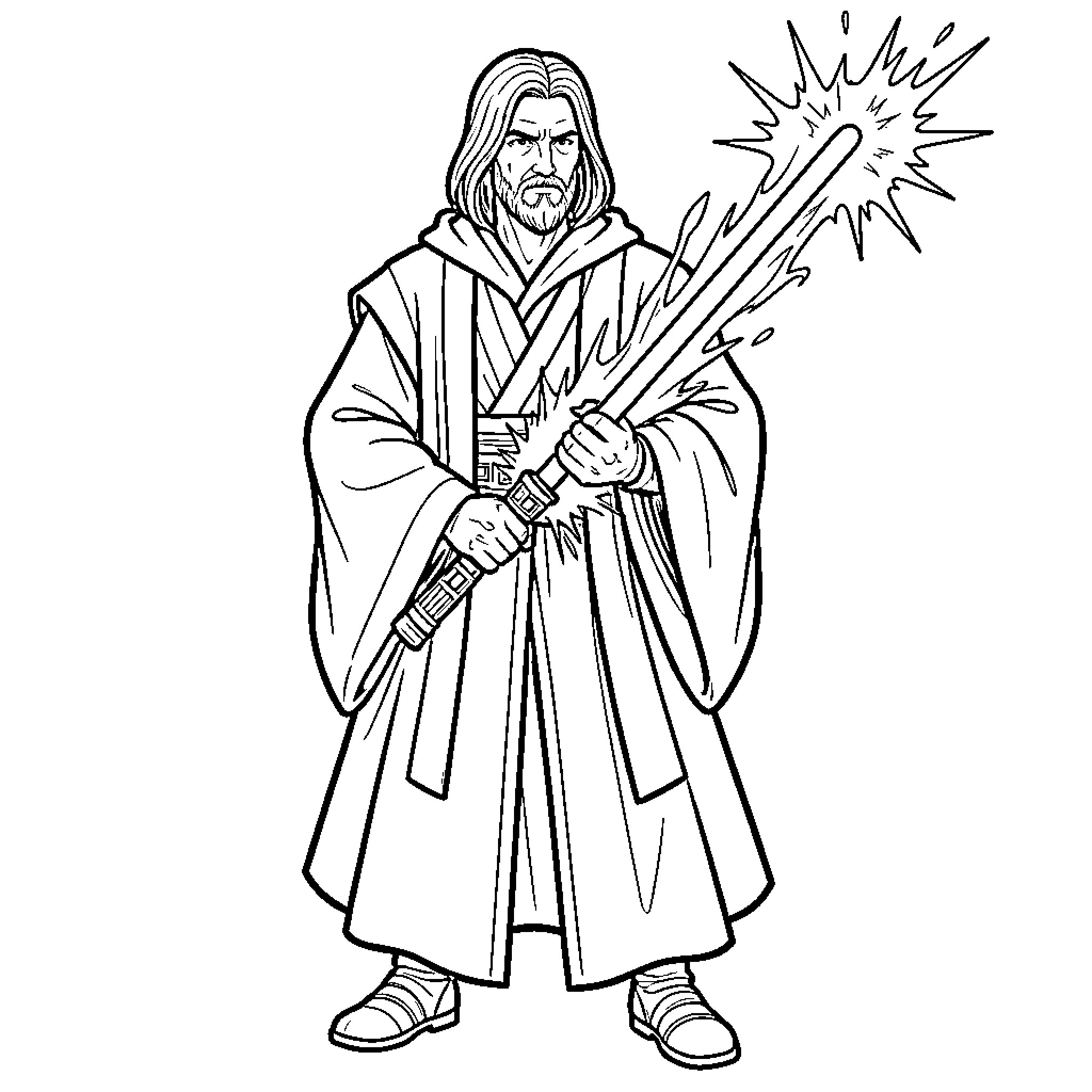 Jedi wielding a lightsaber with a determined expression Coloring Page (free black-and-white line drawing printable PDF for all, from beginners to advanced learners, including children, teens, adults, and seniors)