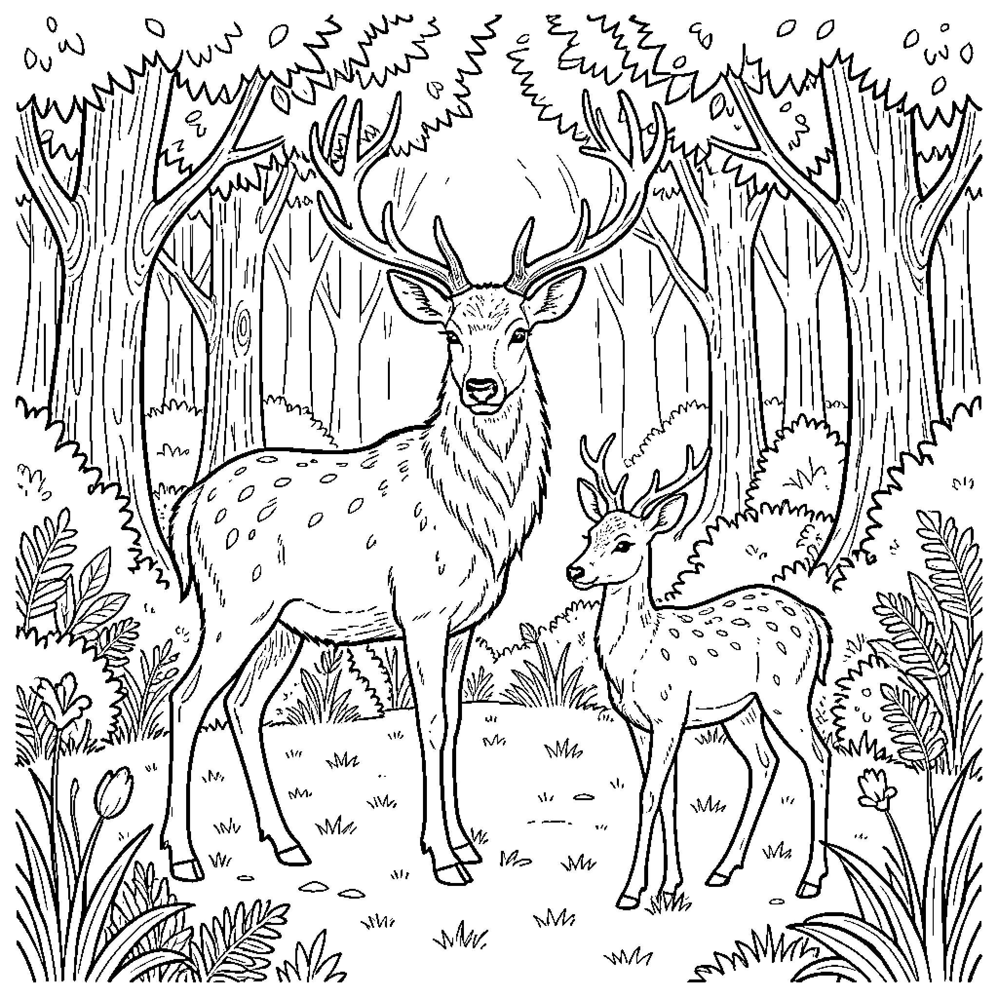 Deer standing calmly in a lush forest scene Coloring Page (free black-and-white line drawing printable PDF for all, from beginners to advanced learners, including children, teens, adults, and seniors)