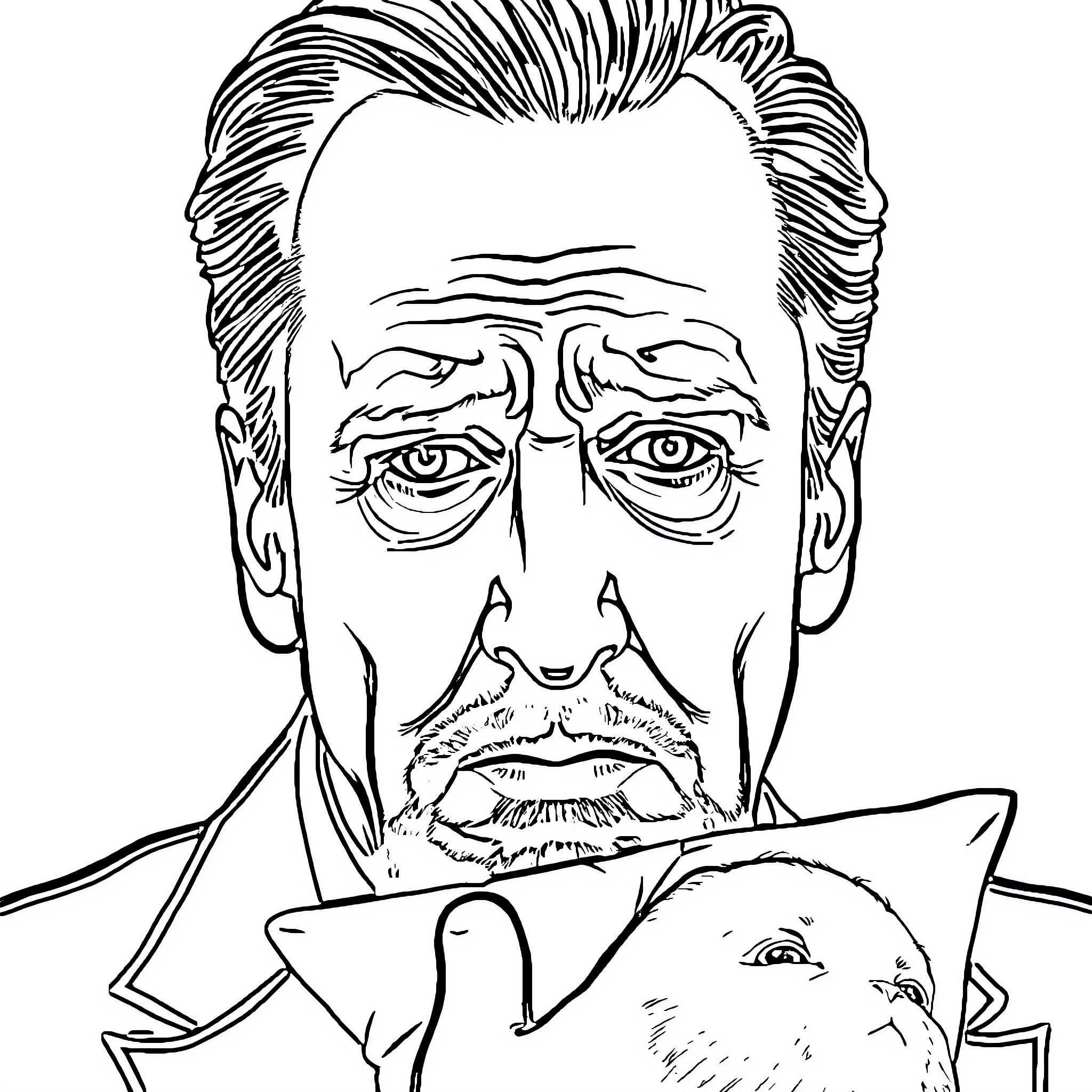 Nicholas Cage in dramatic, pensive pose with a falcon Coloring Page (free black-and-white line drawing printable PDF for all, from beginners to advanced learners, including children, teens, adults, and seniors)