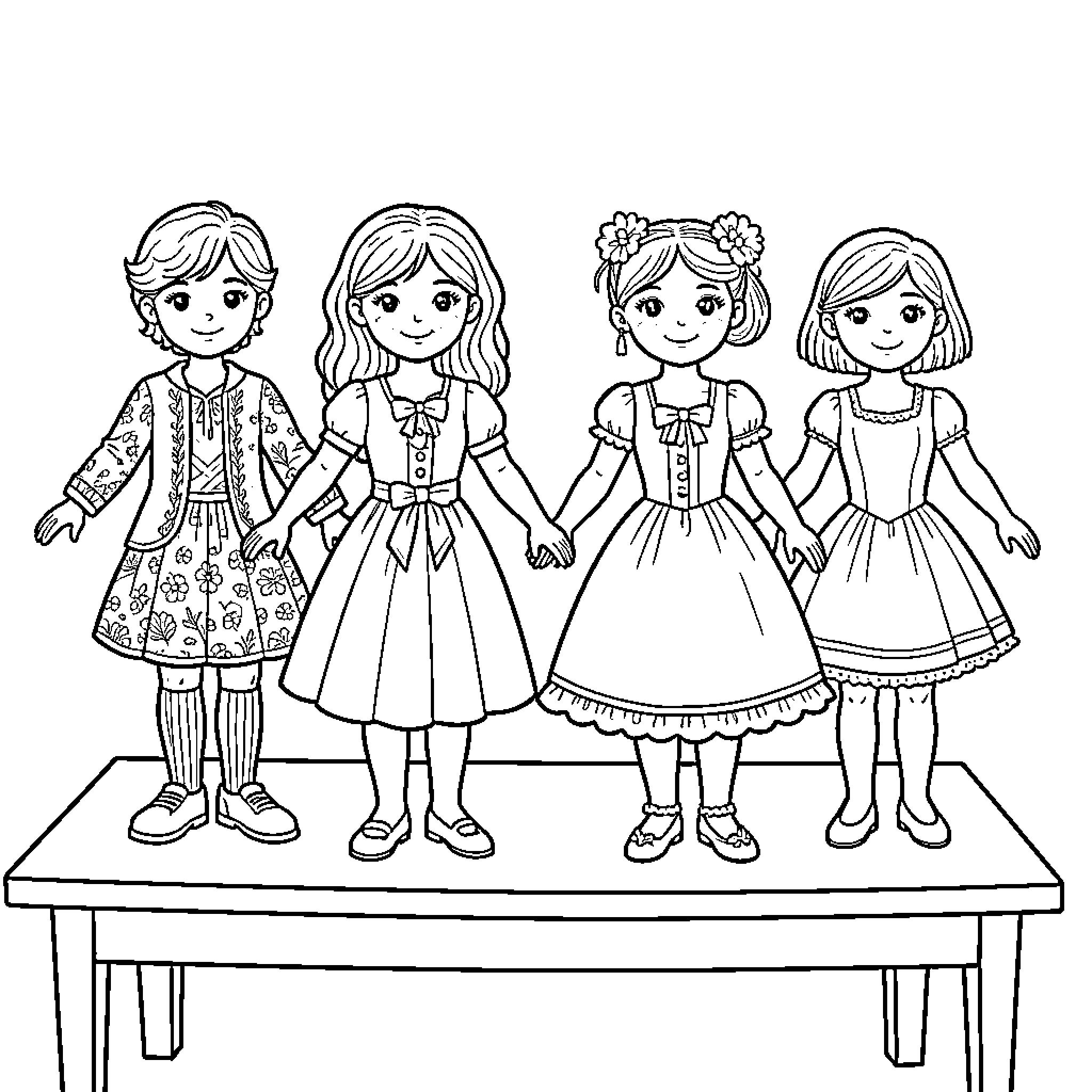 Paper Doll Friends in Festive Outfits Coloring Page (free black-and-white line drawing printable PDF for all, from beginners to advanced learners, including children, teens, adults, and seniors)