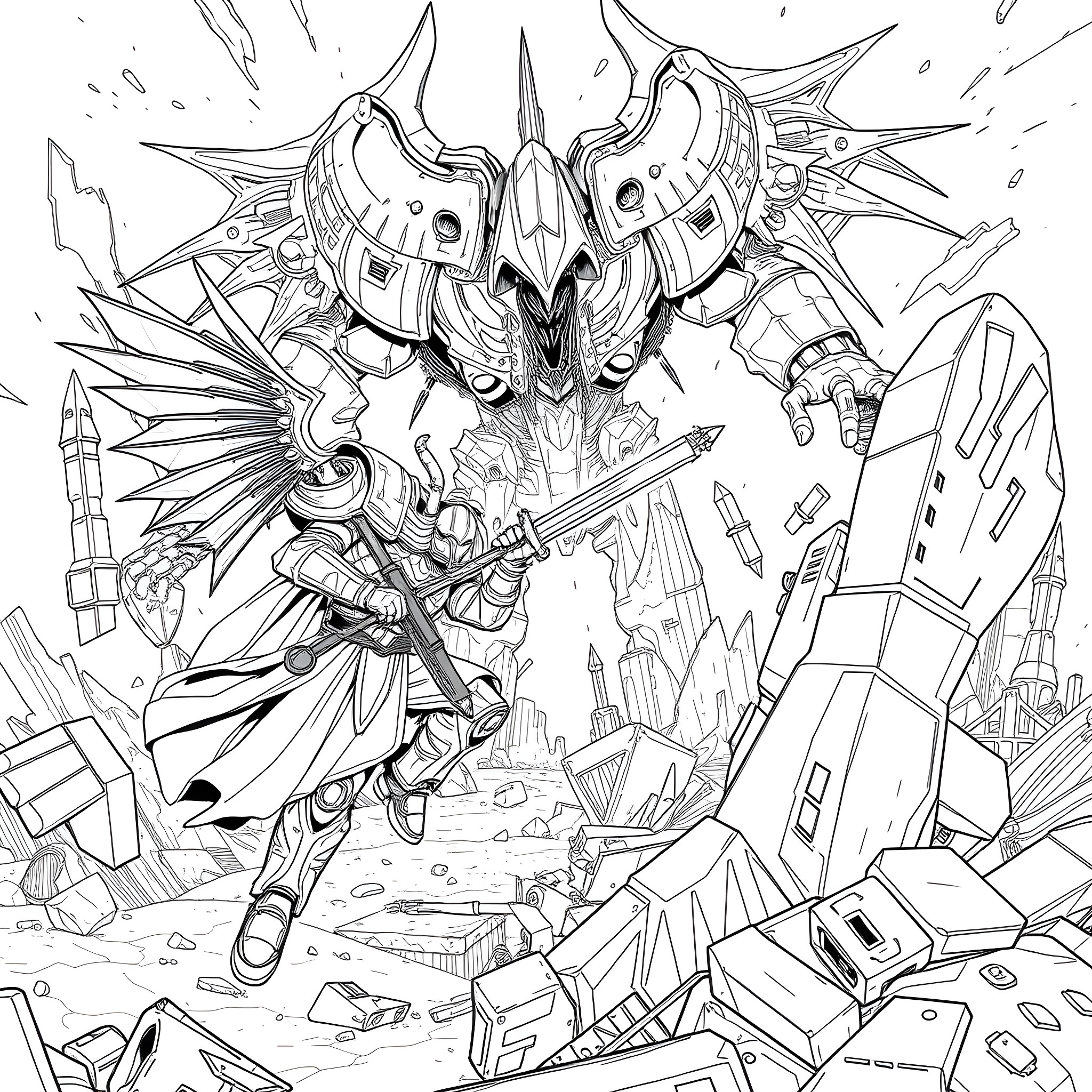 Dante's Heroic Clash in a Fantastical Realm Coloring Page (free black-and-white line drawing printable PDF for all, from beginners to advanced learners, including children, teens, adults, and seniors)