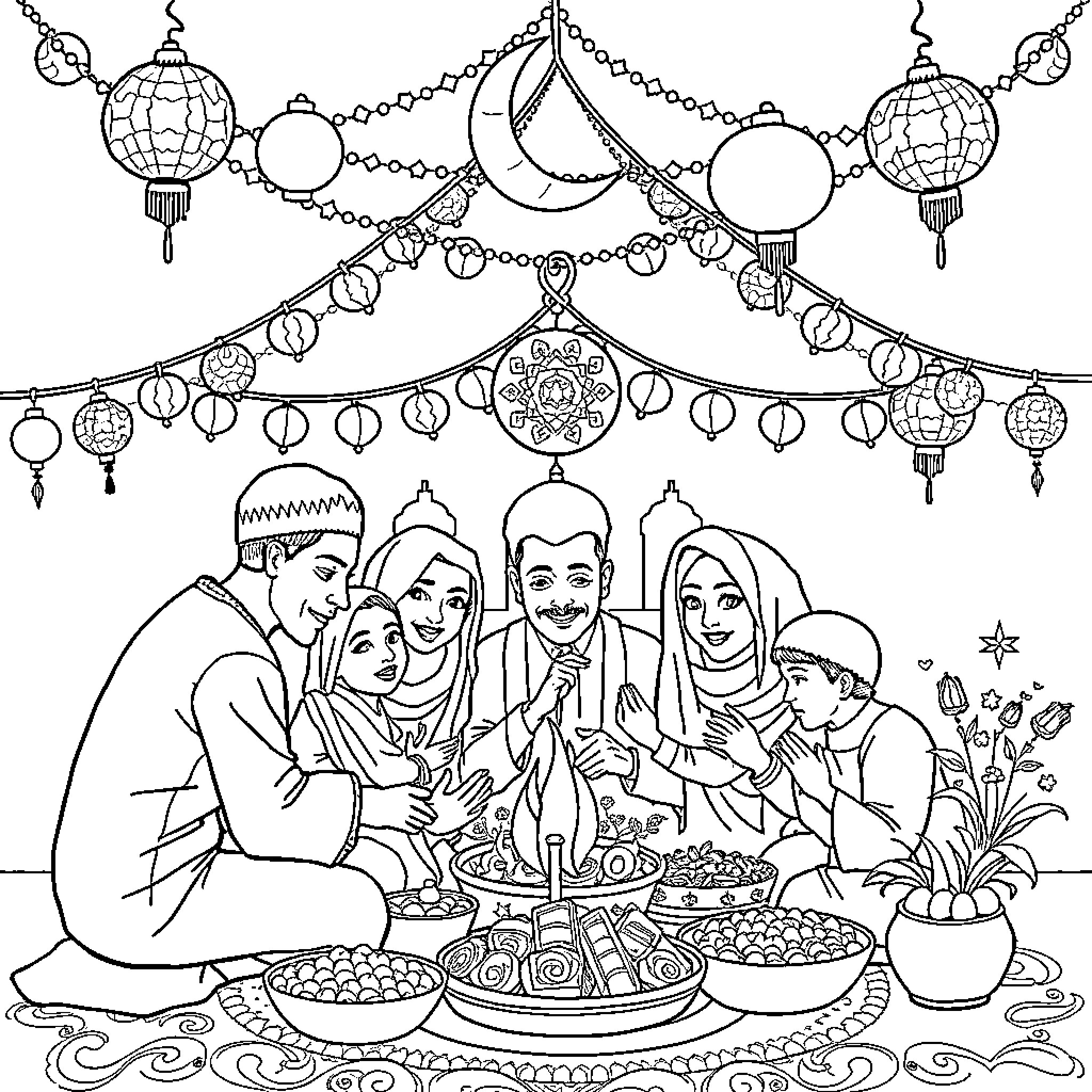 Eid Celebration with Family and Festive Decor Coloring Page (free black-and-white line drawing printable PDF for all, from beginners to advanced learners, including children, teens, adults, and seniors)