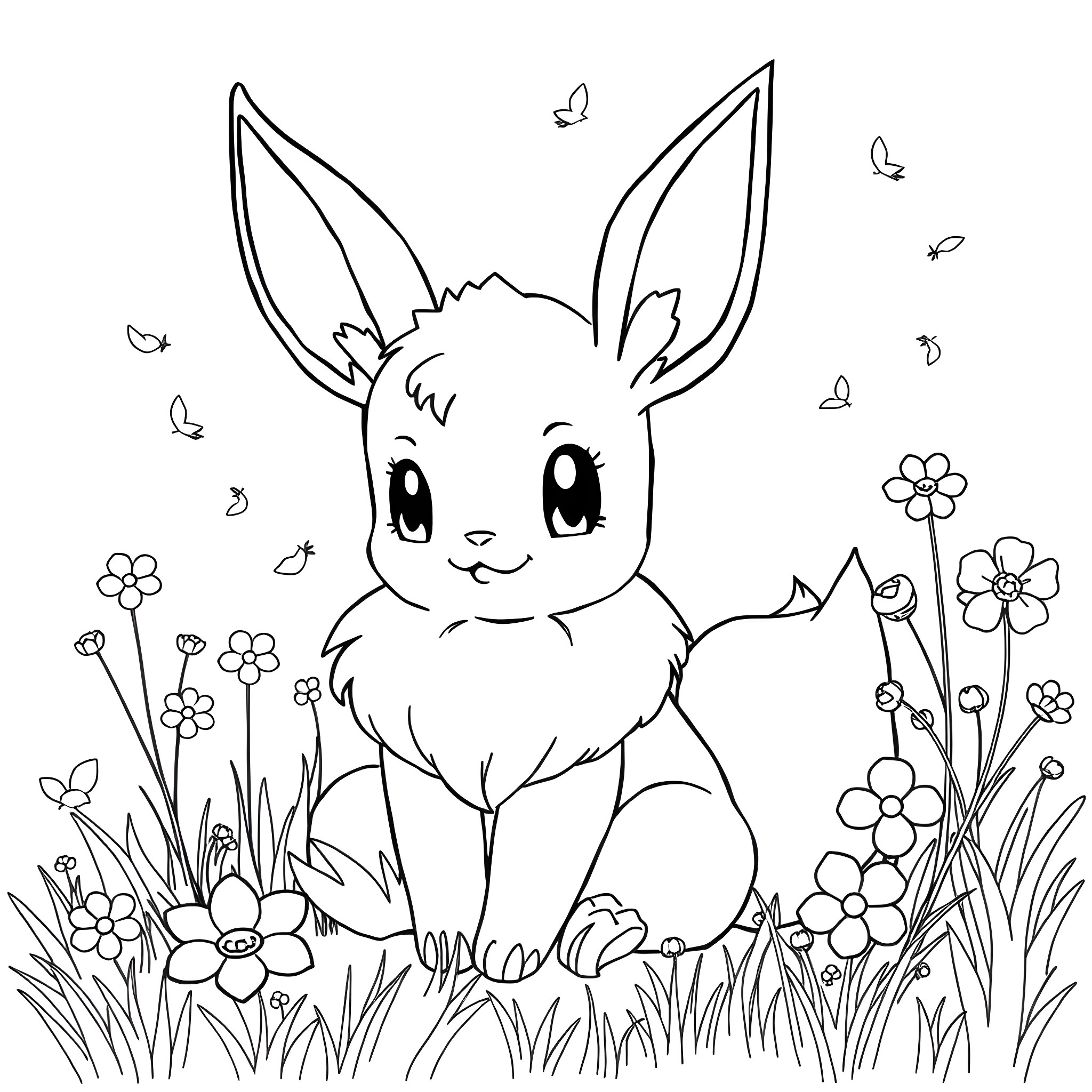 Eevee playing happily in the meadow Coloring Page (free black-and-white line drawing printable PDF for all, from beginners to advanced learners, including children, teens, adults, and seniors)