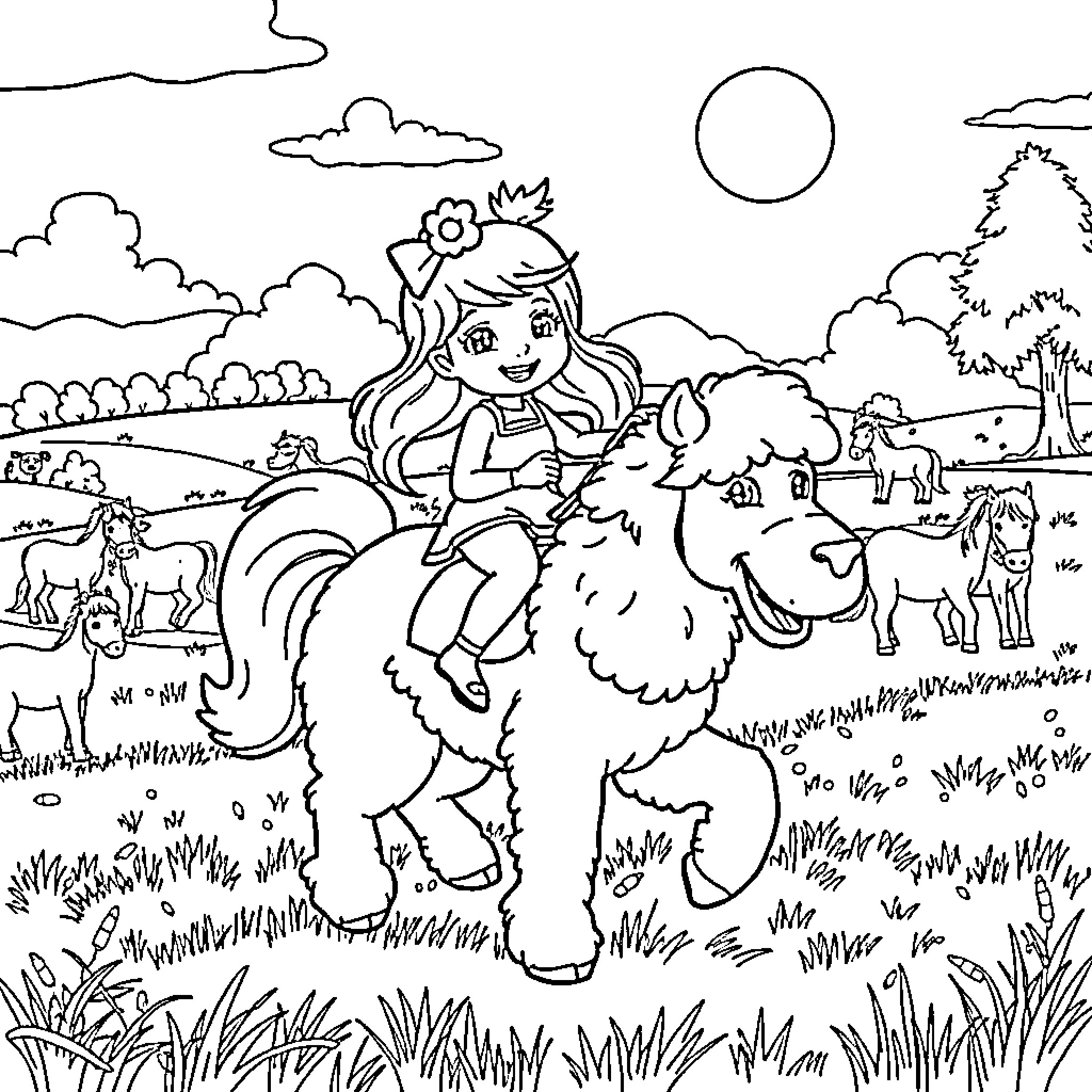 Strawberry Shortcake riding a pony in a scenic landscape Coloring Page (free black-and-white line drawing printable PDF for all, from beginners to advanced learners, including children, teens, adults, and seniors)