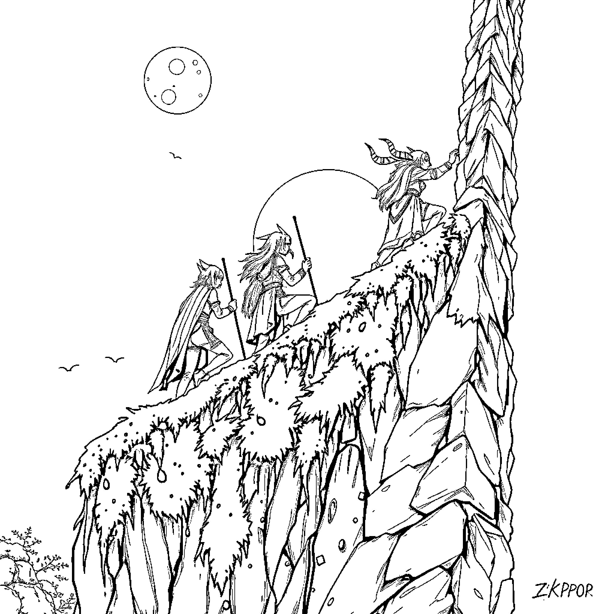 Demon Hunters Scaling Treacherous Cliffs Coloring Page (free black-and-white line drawing printable PDF for all, from beginners to advanced learners, including children, teens, adults, and seniors)