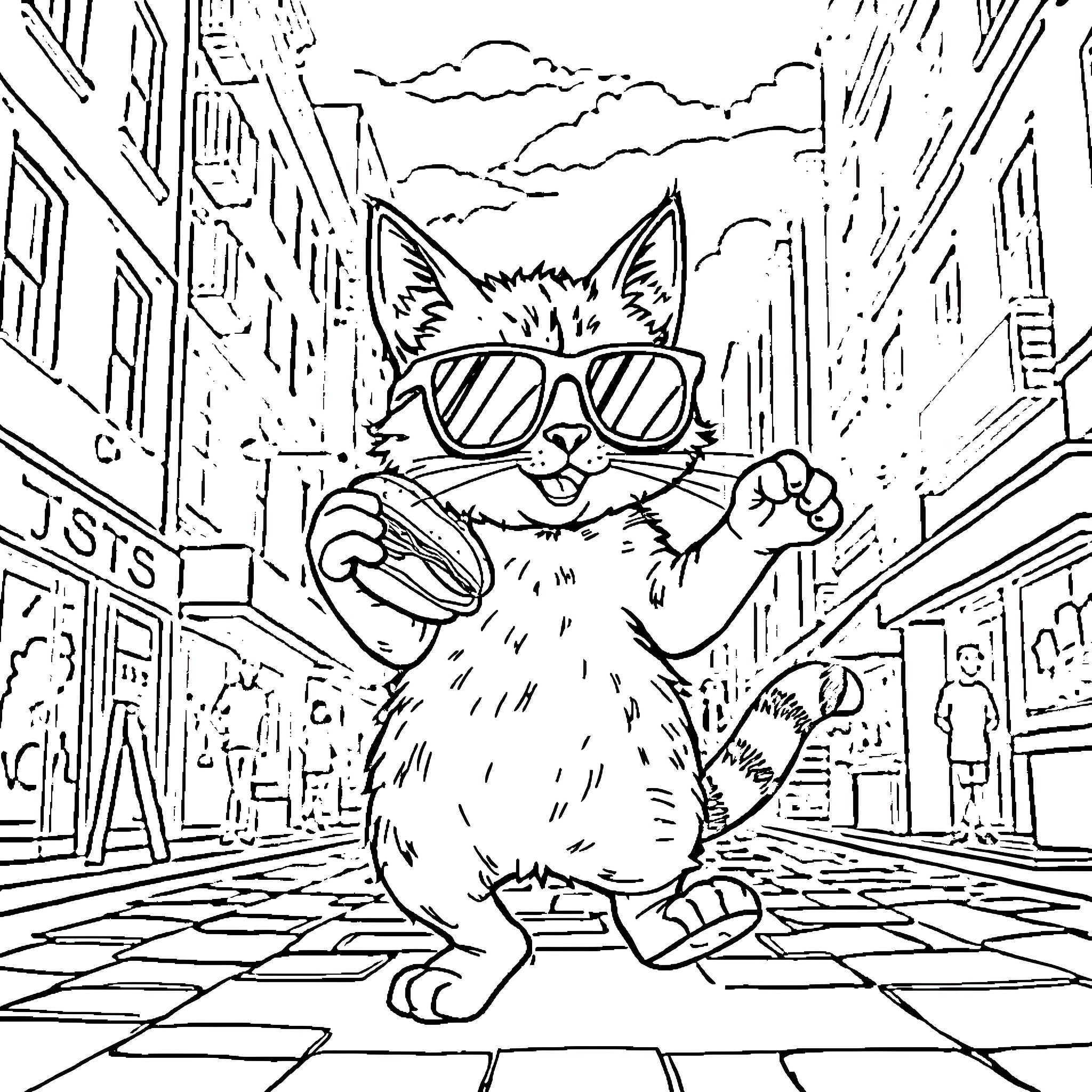 Hipster Cat strutting down the street in the city Coloring Page (free black-and-white line drawing printable PDF for all, from beginners to advanced learners, including children, teens, adults, and seniors)