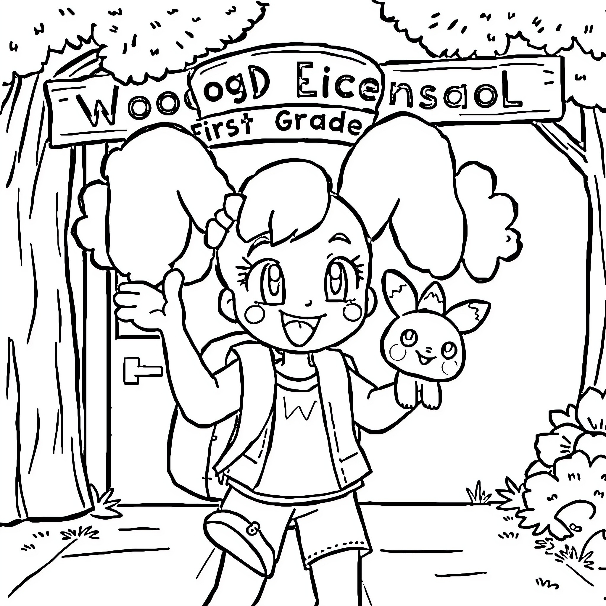 Bluey's First Day at Woodlog Elementary School Coloring Page (free black-and-white line drawing printable PDF for all, from beginners to advanced learners, including children, teens, adults, and seniors)