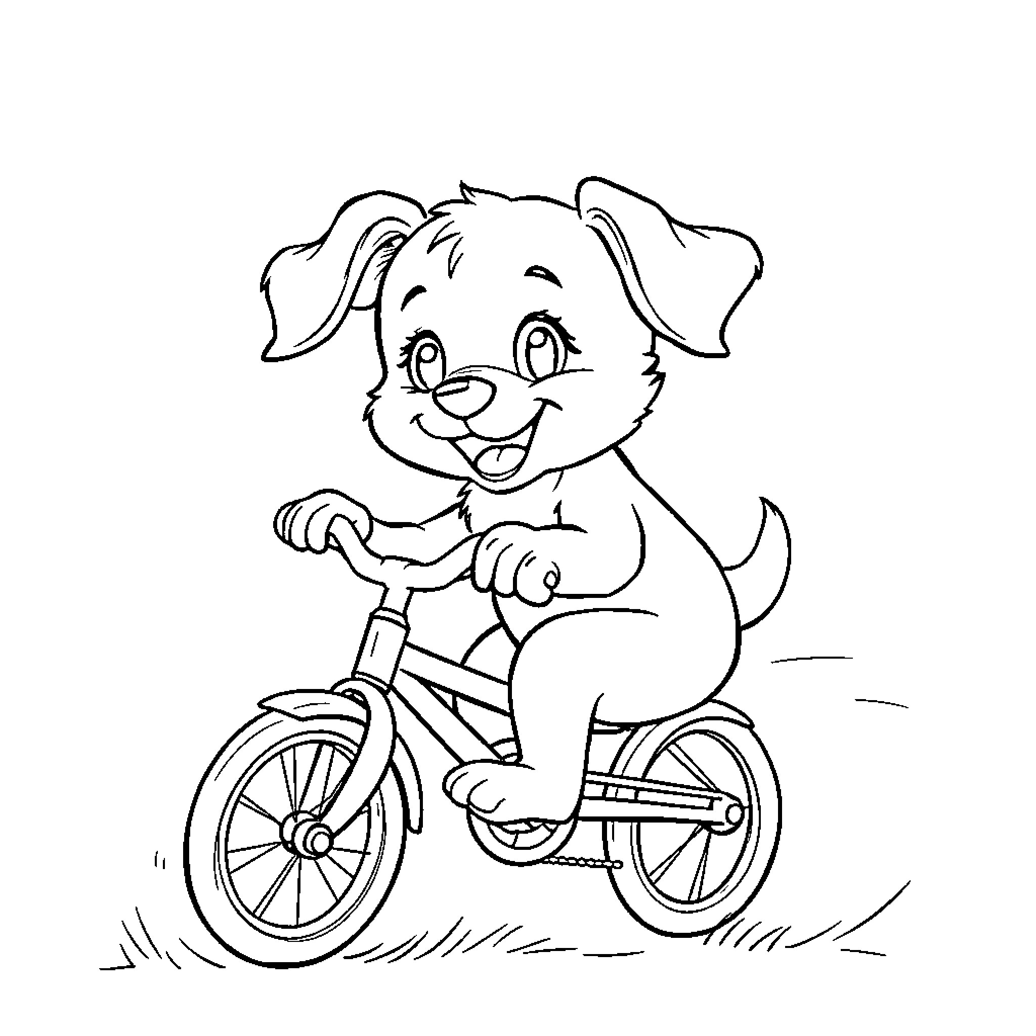 Puppy riding a bicycle happily Coloring Page (free black-and-white line drawing printable PDF for all, from beginners to advanced learners, including children, teens, adults, and seniors)