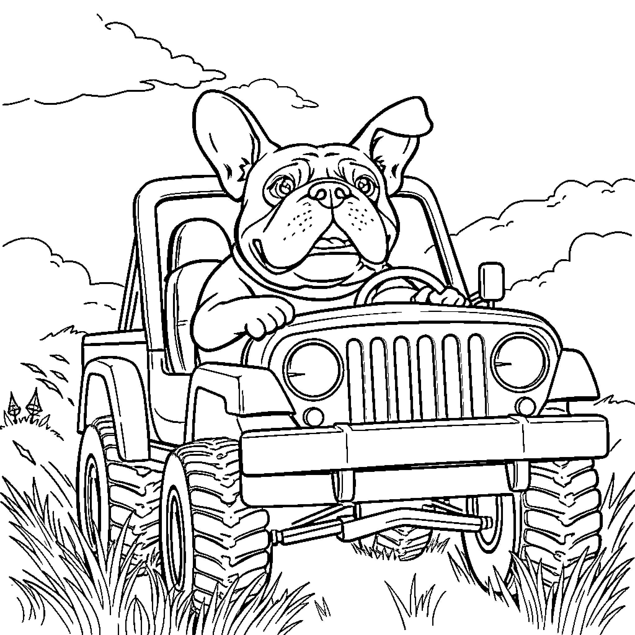 Bulldog driving a jeep through the countryside Coloring Page (free black-and-white line drawing printable PDF for all, from beginners to advanced learners, including children, teens, adults, and seniors)