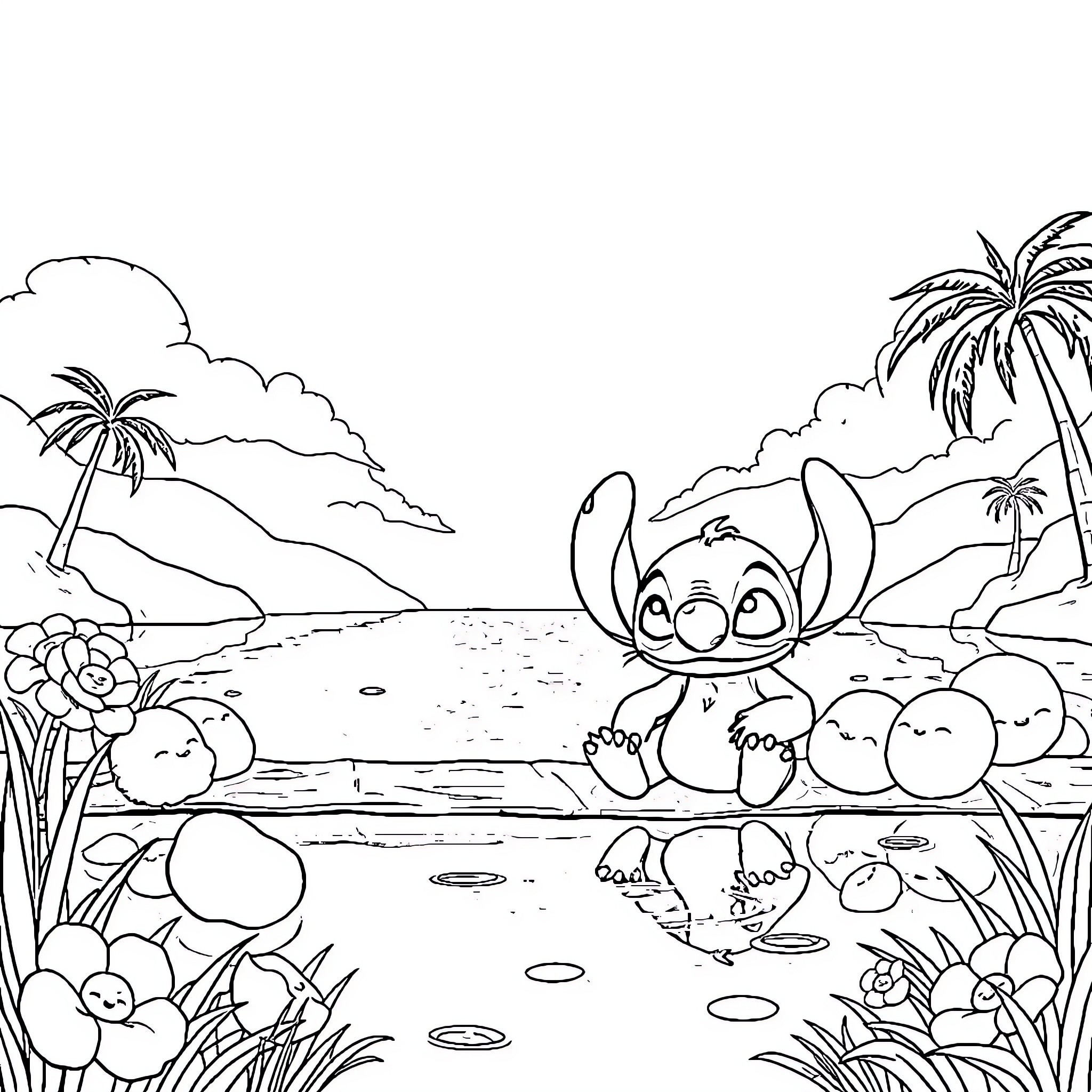 Lilo playing in a tropical island paradise Coloring Page (free black-and-white line drawing printable PDF for all, from beginners to advanced learners, including children, teens, adults, and seniors)