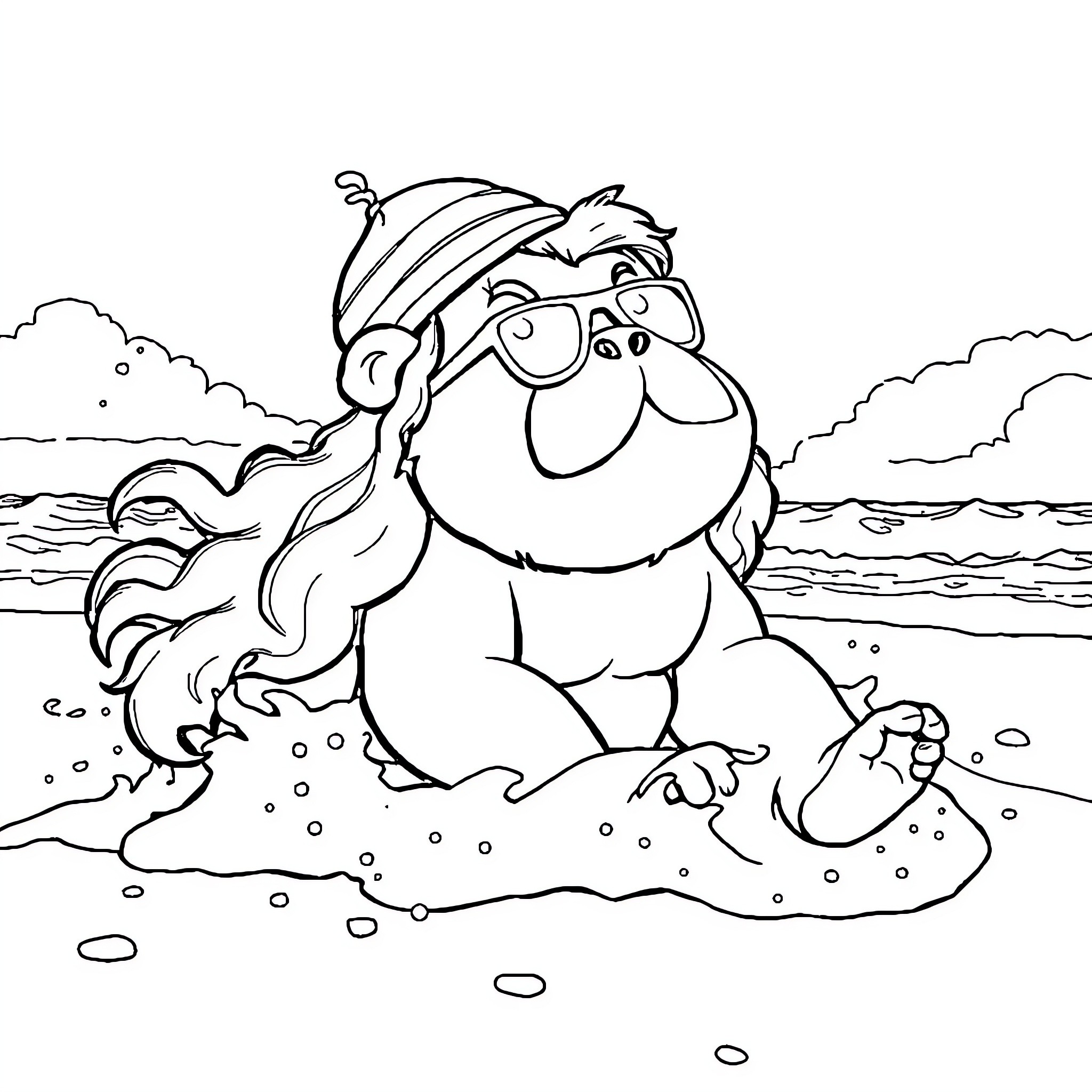 Pudge the Funny Sea Creature Playing on the Beach Coloring Page (free black-and-white line drawing printable PDF for all, from beginners to advanced learners, including children, teens, adults, and seniors)