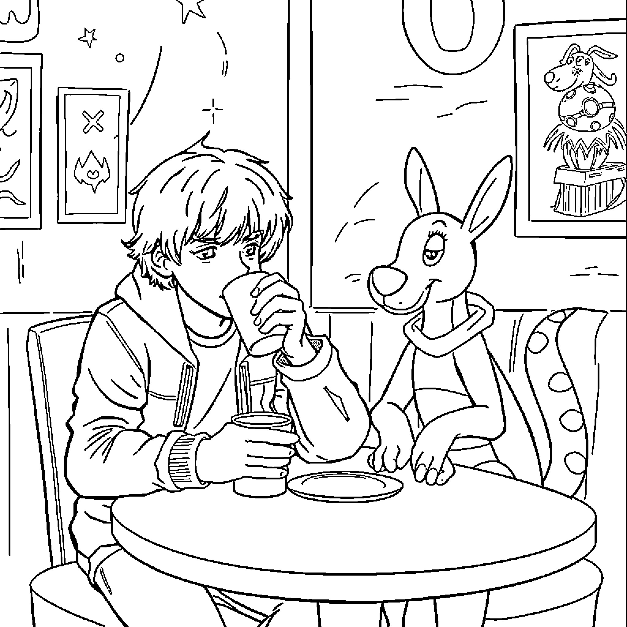 Max enjoys snack with a furry friend Coloring Page (free black-and-white line drawing printable PDF for all, from beginners to advanced learners, including children, teens, adults, and seniors)