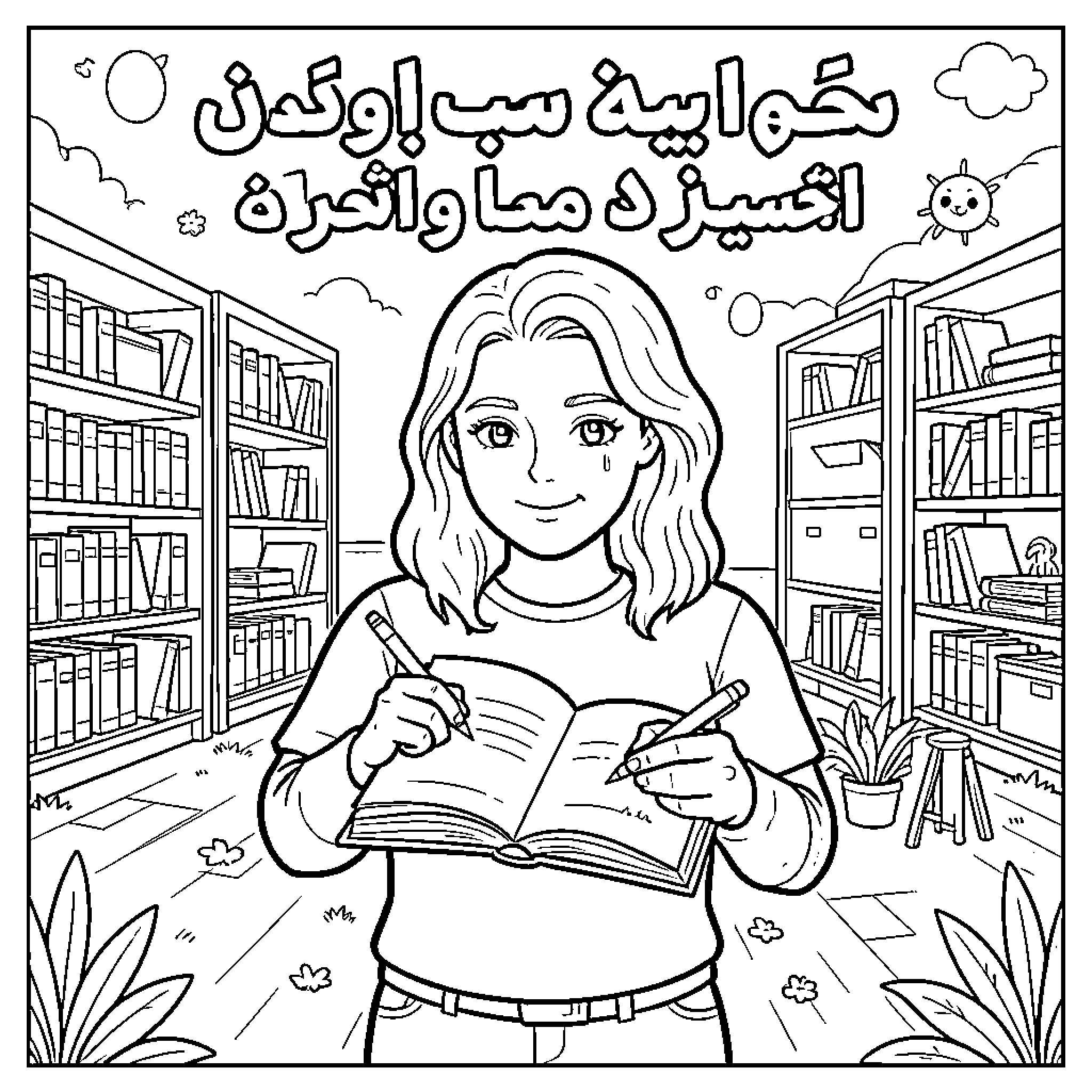 English Calligraphy of a girl writing in a book Coloring Page (free black-and-white line drawing printable PDF for all, from beginners to advanced learners, including children, teens, adults, and seniors)