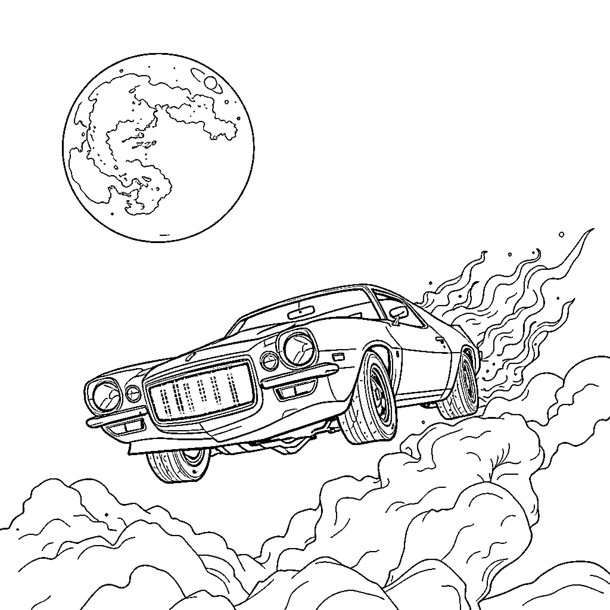 Camaro soaring through the clouds Coloring Page (free black-and-white line drawing printable PDF for all, from beginners to advanced learners, including children, teens, adults, and seniors)