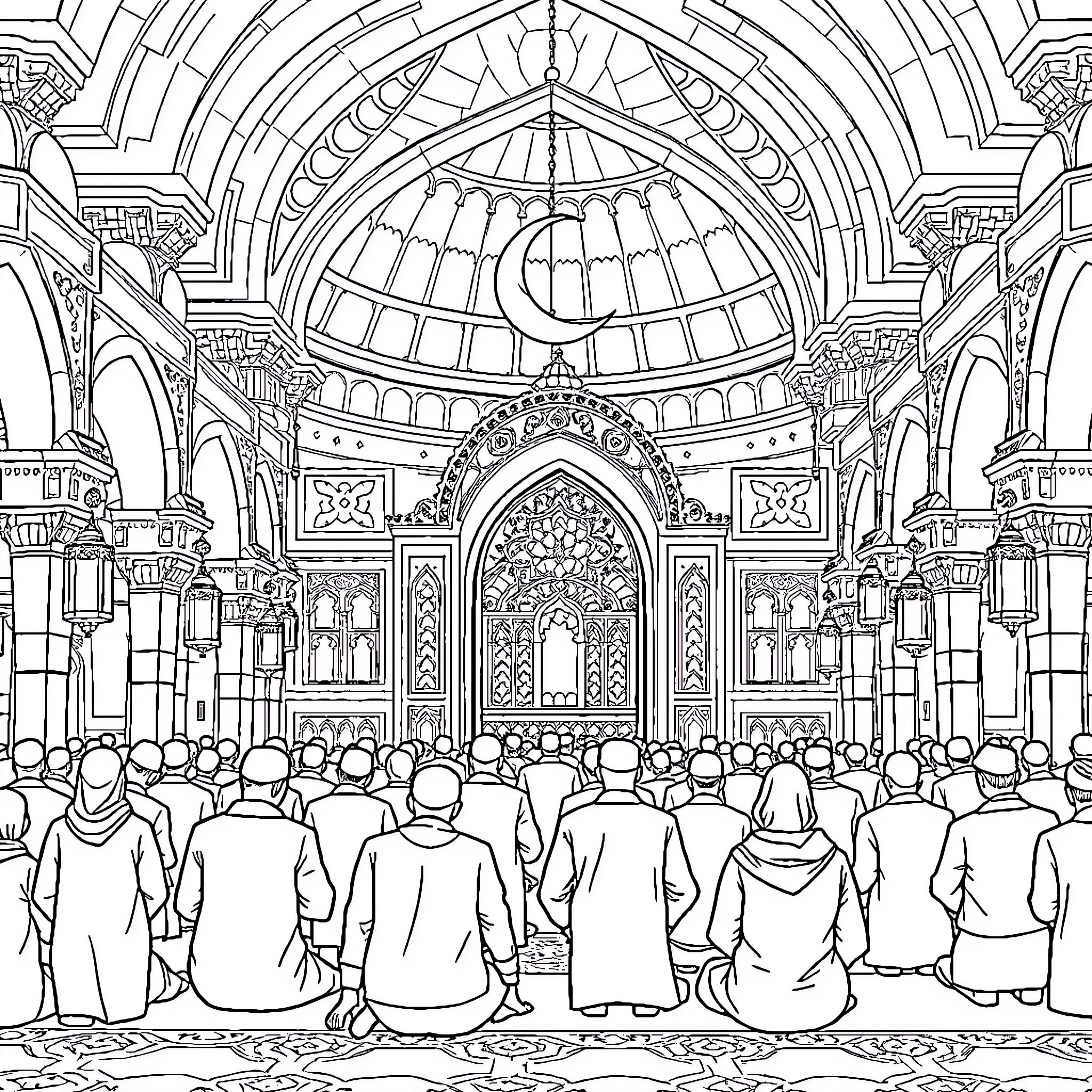 Ramadan gathering in ornate mosque interior Coloring Page (free black-and-white line drawing printable PDF for all, from beginners to advanced learners, including children, teens, adults, and seniors)